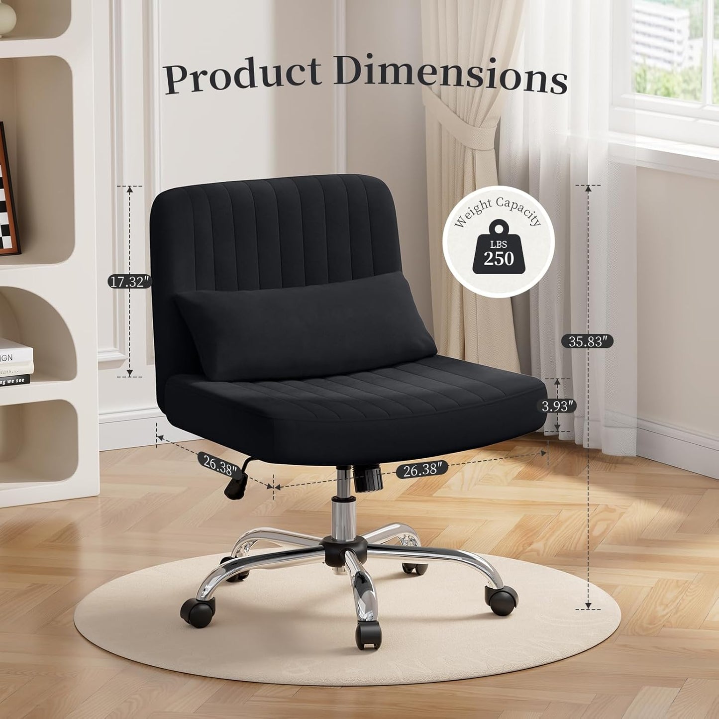 Warmiehomy Criss Cross Office Chair with Wheels, Velvet Cross-Legged Desk Chairs for Home, Height Adjustable Swivel Wide Seat Computer Chair, Morden Vanity Chair for Women, Black