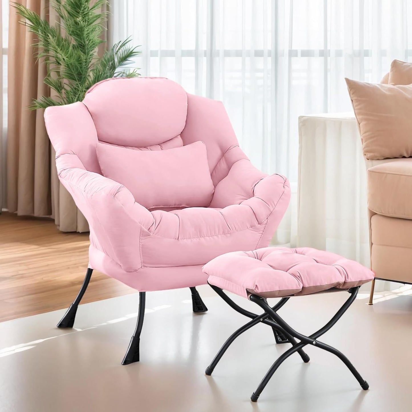 Lazy Chair with Ottoman, Modern Lounge Chair with Lumbar Pillow, Accent Cozy Reading Armchair and Folding Footstool for Bedroom, Dorm, Living Room,Pink