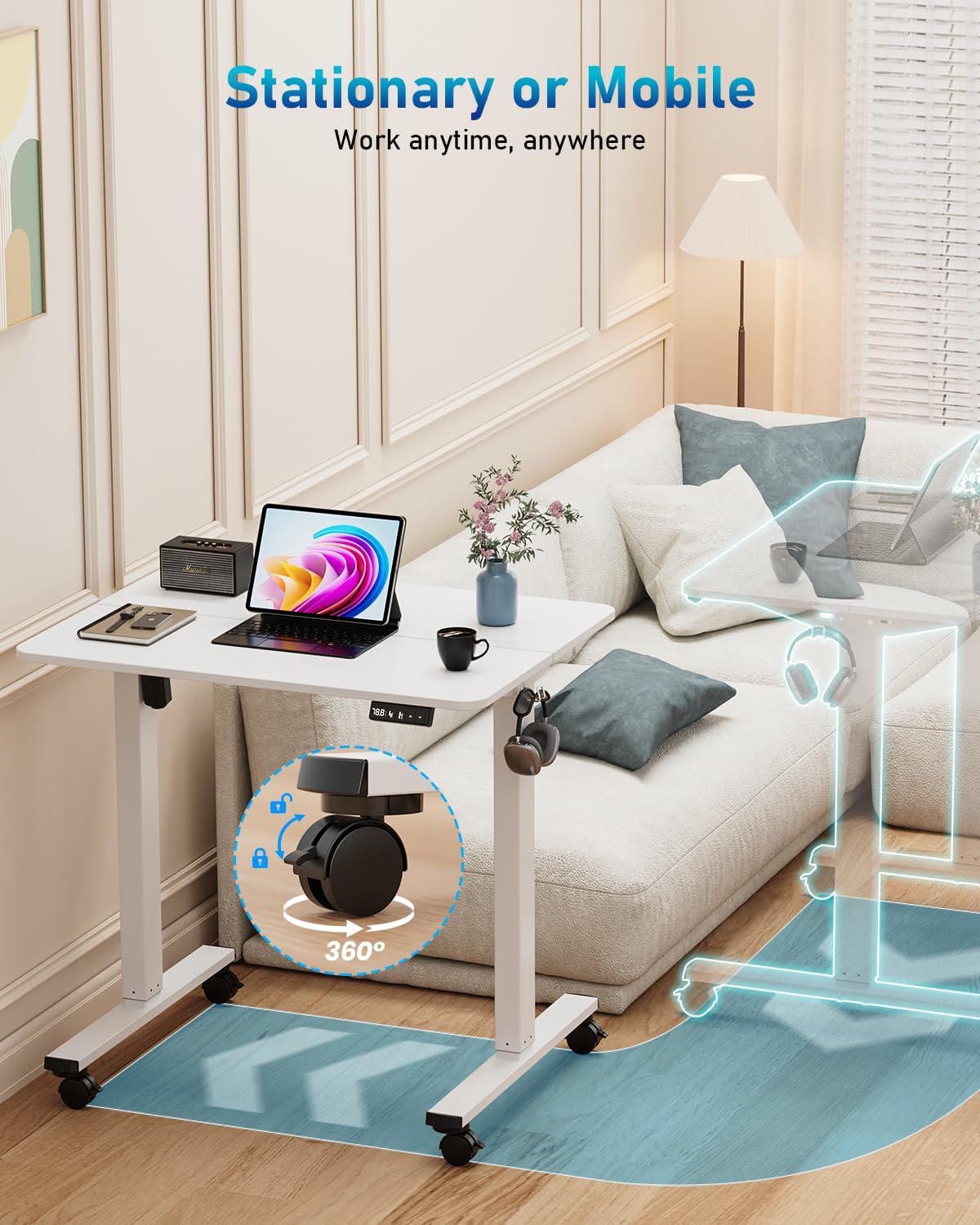 Small Height Adjustable Electric Standing Desk, 31.5" x 23.6" Sit Stand up Desk with Splice Board, Ergonomic Rising Computer Home Office Desk Table with Memory Preset, White Frame/White Top