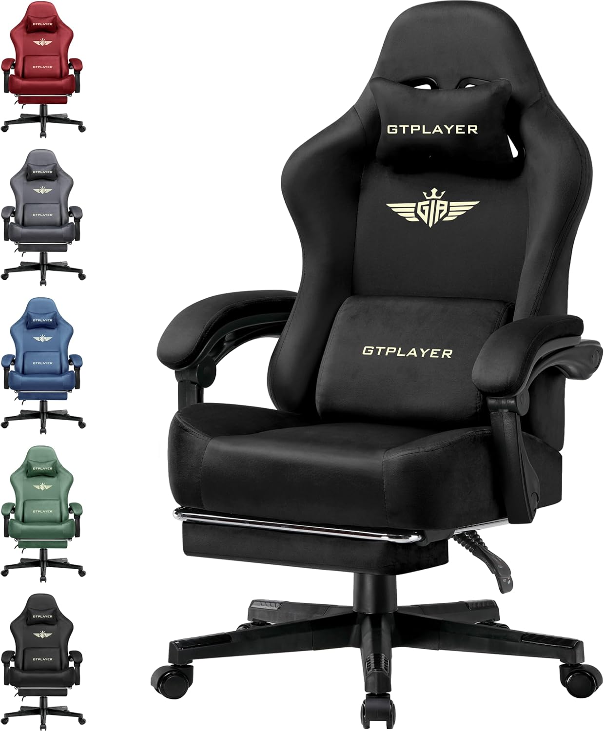GTPLAYER Gaming Chair Fabric with Pocket Spring Cushion, Big and Tall Gamings Chairs 350LBS High Back Computer Chair with Footrest for Adults Lumbar Support Swivel Game Chair for Office Dark Black