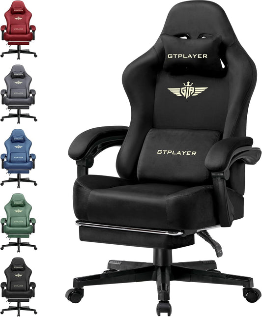 GTPLAYER Gaming Chair Fabric with Pocket Spring Cushion, Big and Tall Gamings Chairs 350LBS High Back Computer Chair with Footrest for Adults Lumbar Support Swivel Game Chair for Office Dark Black