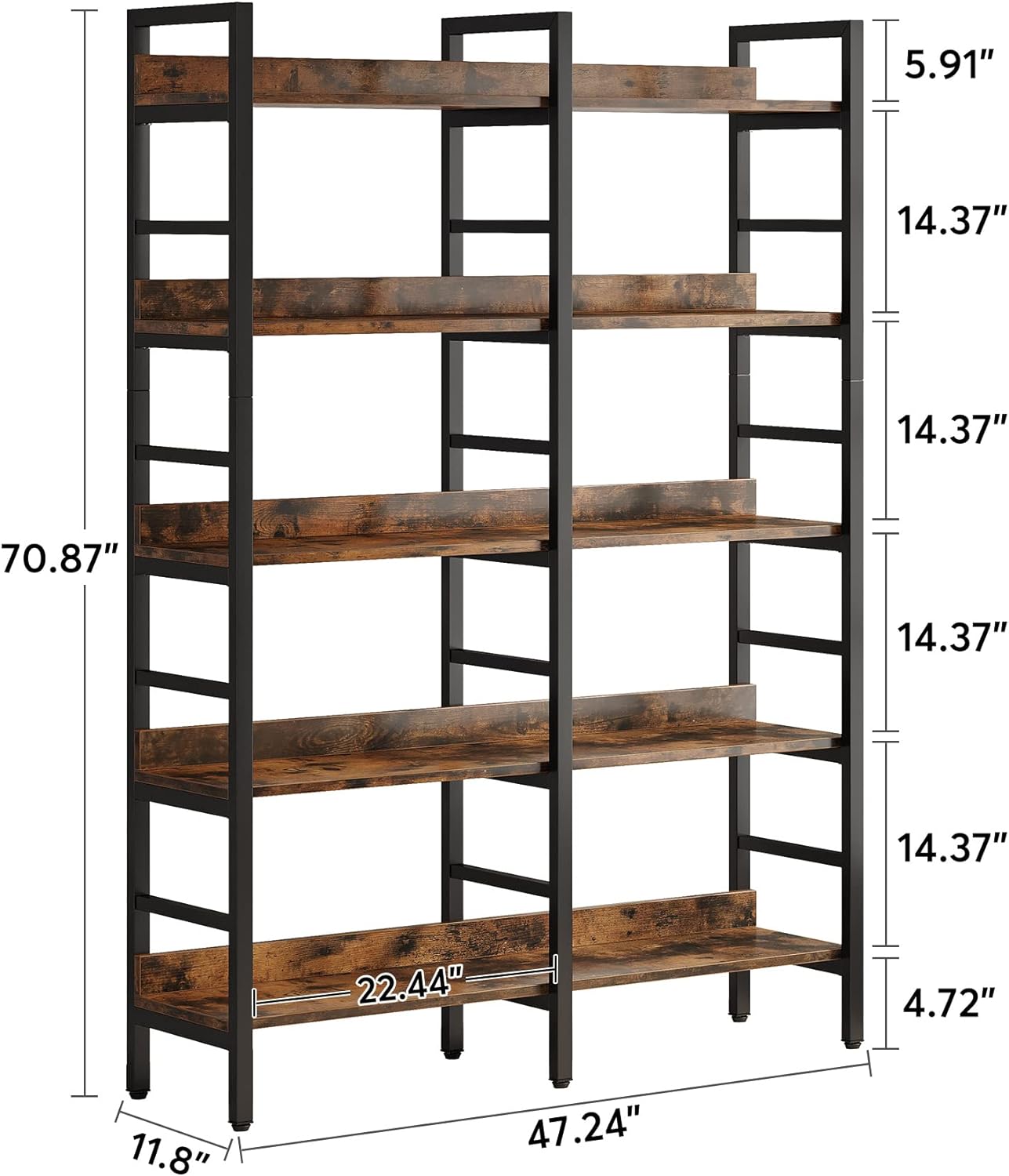 Tribesigns 5-Tier Industrial Bookshelf, 71”H x 47”W Etagere Bookcase, Freestanding Double Wide Book Shelf for Storage and Display, Wood and Metal Bookshelves for Living Room Home Office, Rustic Brown