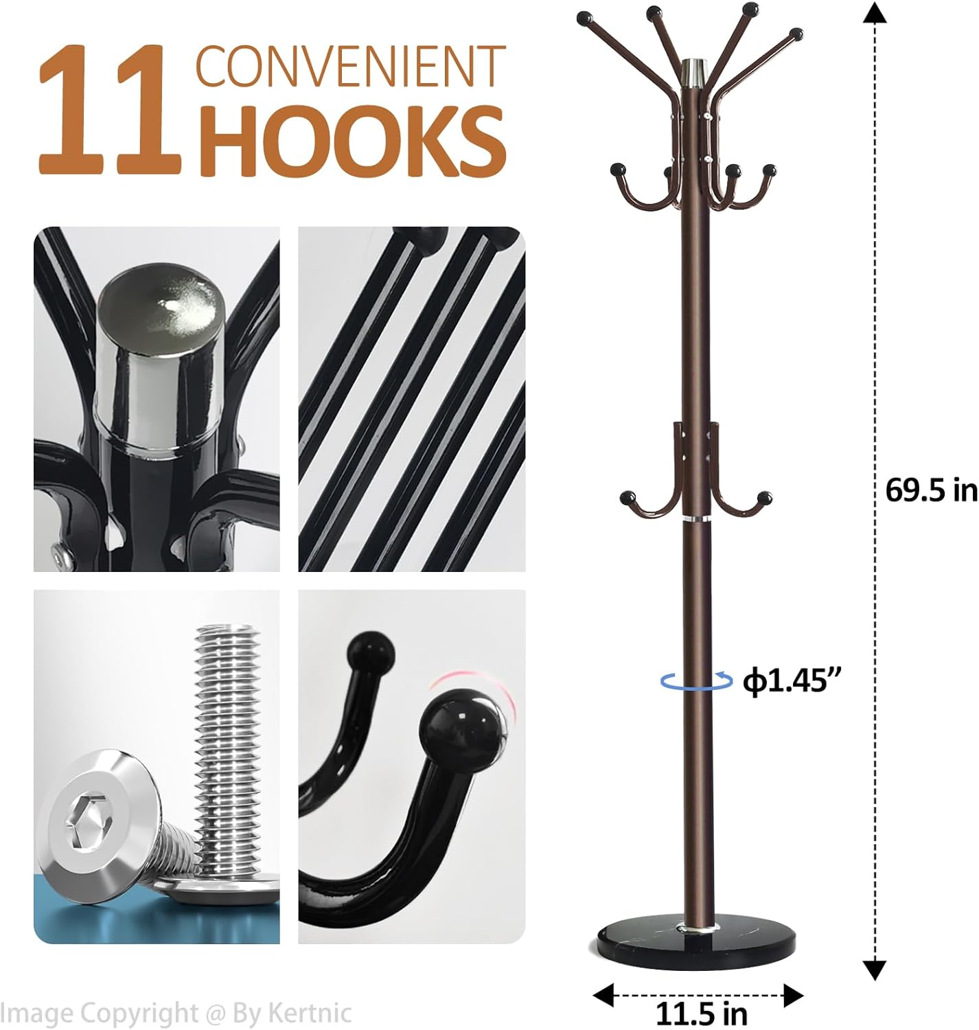 Kertnic Modern Coat Rack Freestanding with Natural Marble Base & Sturdy Metal Frame, 11 Hooks Hall Tree for Jackets, Hats, Bags, Entryway Organizer for Bedroom, Living Room, Closet (Bronze)