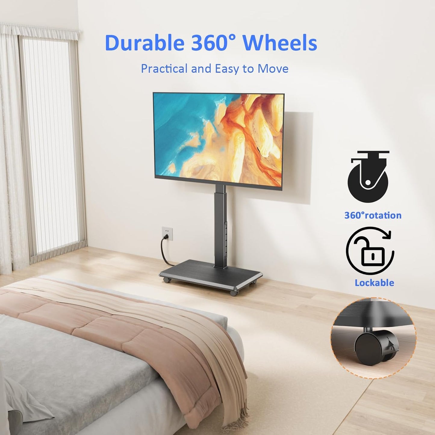 Rolling TV Stand with Power Outlet, Mobile TV Stand for 32-75 Inch TVs up to 110 lbs, 30° Swivel TV Floor Stand, 18 Adjustable Heights, TV Cart on Wheels for Bedroom, Office, Outdoor, Black