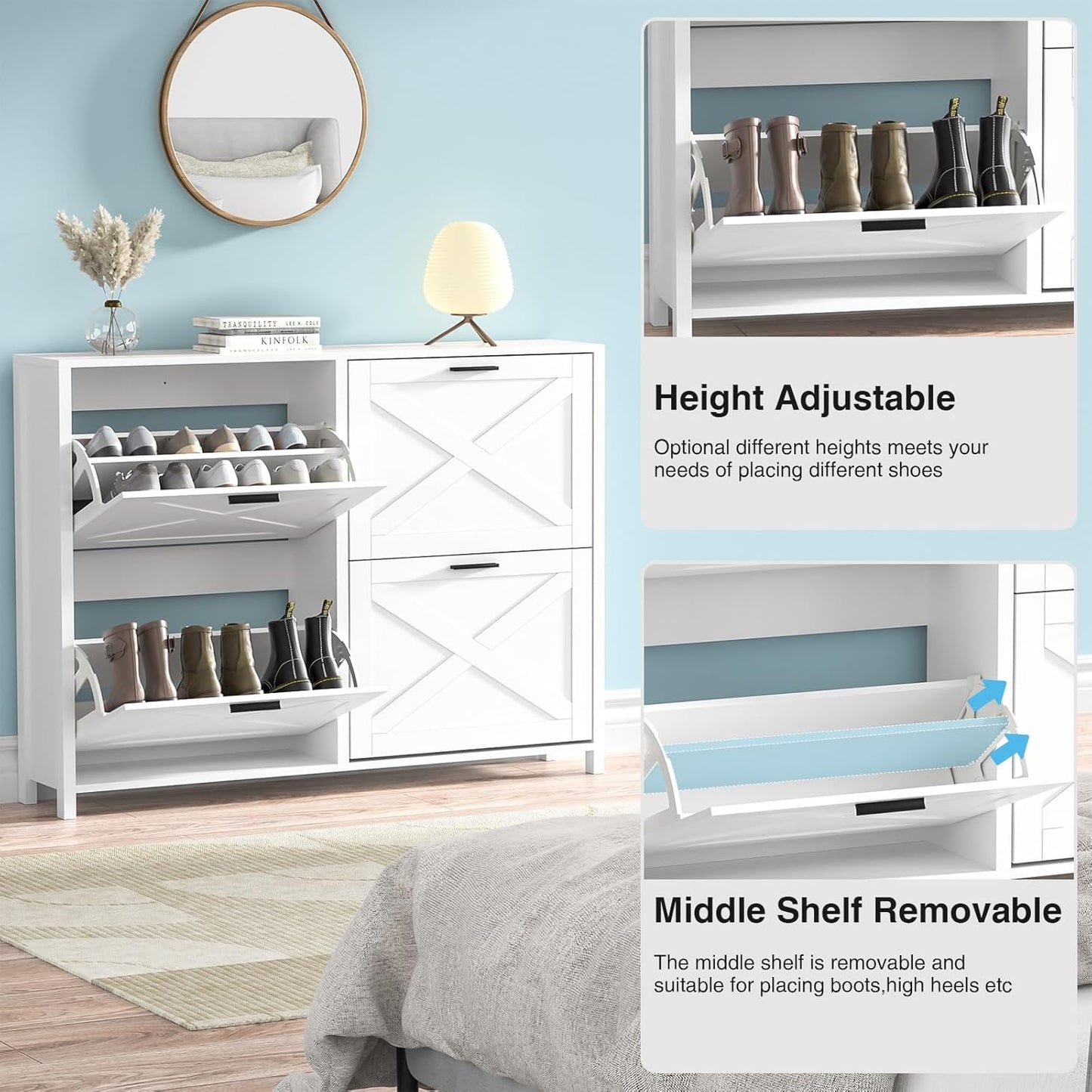 47" W Large Shoe Storage Cabinet with 4 Flip Drawers, Freestanding Hidden Shoe Cabinet Organizer with Adjustable Shelf, Narrow Shoe Cabinet for Entryway Hallway Living Room