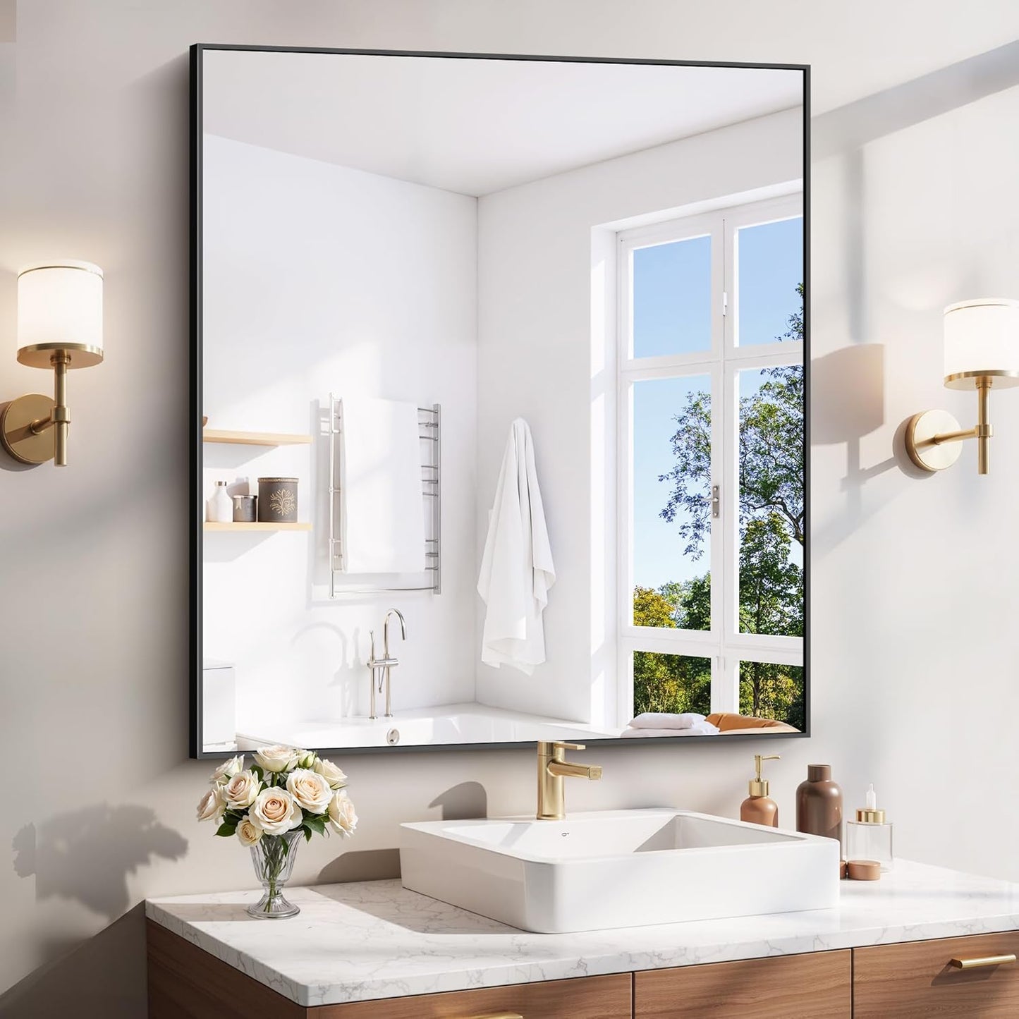 YIROMAN Bathroom Mirror for Wall 36"x40", Large Matte Black Bathroom Mirror with Aluminum Frame, Rectangular Vanity Mirror with Right Angles, Wall Mirror Hangs Horizontal or Vertical, Shatterproof