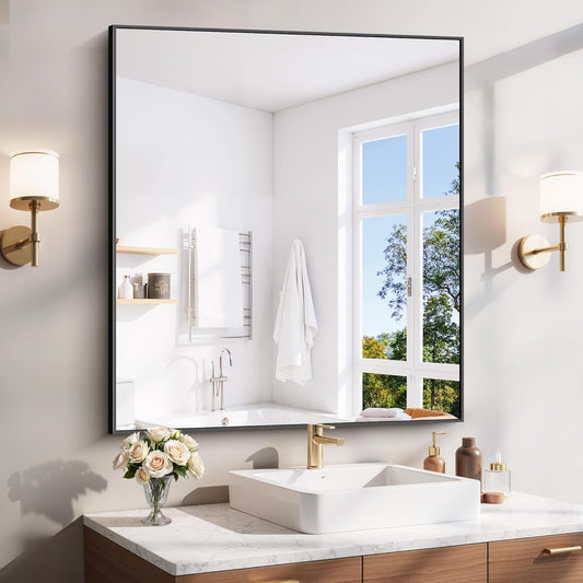YIROMAN Bathroom Mirror for Wall 36"x40", Large Matte Black Bathroom Mirror with Aluminum Frame, Rectangular Vanity Mirror with Right Angles, Wall Mirror Hangs Horizontal or Vertical, Shatterproof
