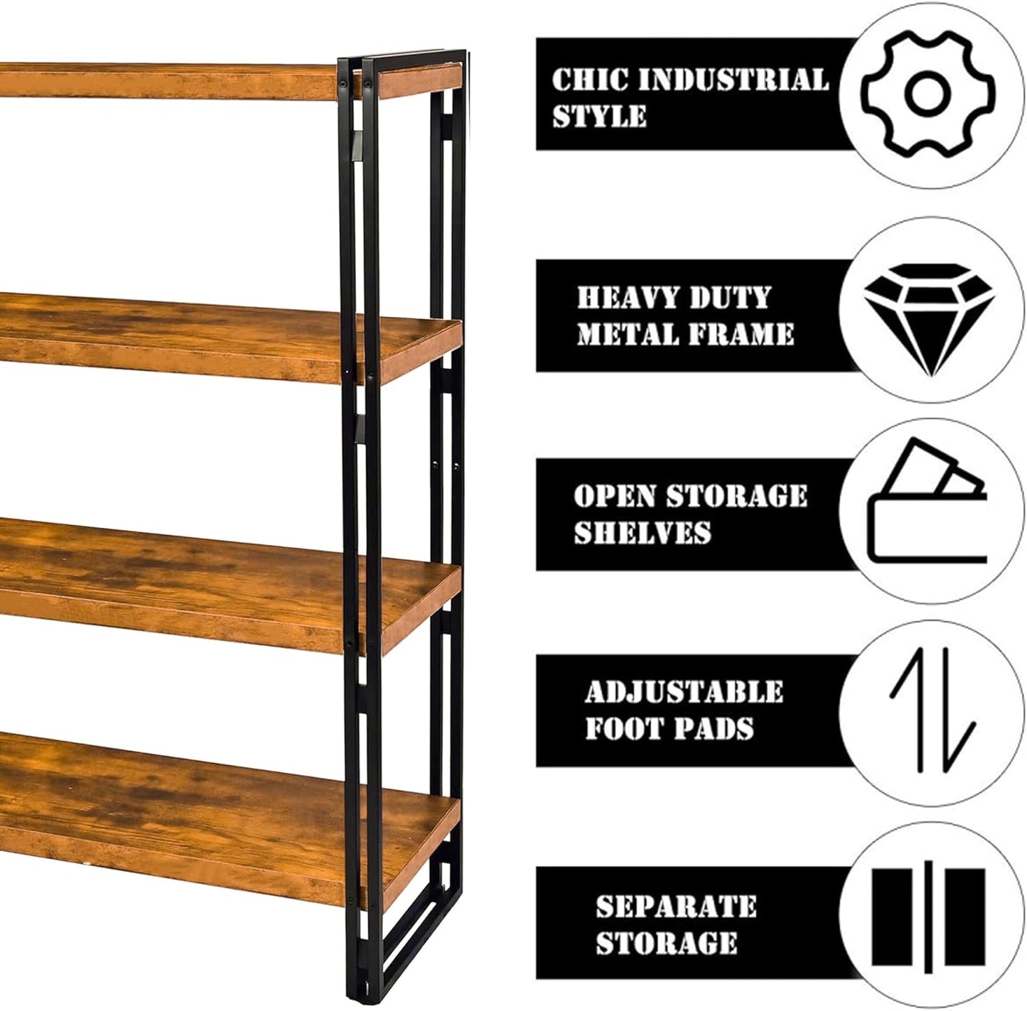 47" 4-Tier Bookshelf Rustic Wood and Metal Industrial Bookshelf for Home Office, Bedroom, Kitchen, Bathroom (Rustic Brown, 4-Tier)