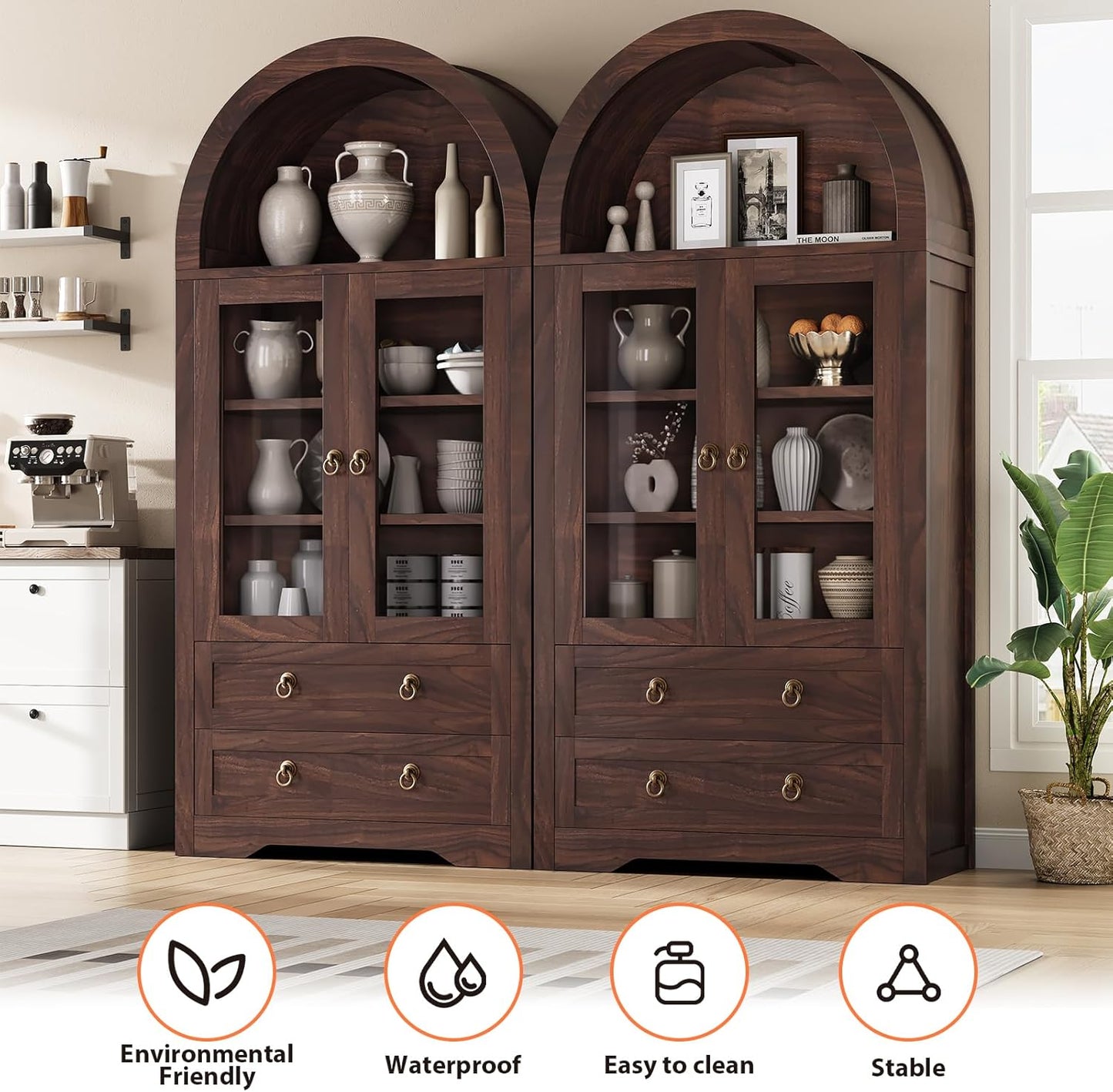 Kitchen Pantry Cabinet, Arched Bookshelf Bookcase China Pantry Storage Cabinet with Drawers Doors and Shelves,71“ Tall Food Pantry Funiture for Living Room,Dining Room (Brown)