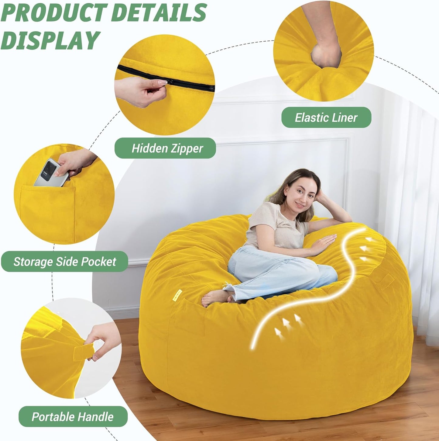 5FT Bean Bag Chair with Ultra Soft Velvet Cover Bean Bag Sofa with Memory Foam Bean Bag Chairs with Large Size Lazy Sofa for Dorm Office Living Room Bedroom Yellow 5'