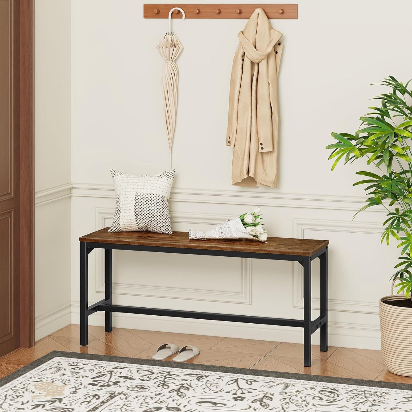 HOOBRO Dining Benches, Pair of 2 Industrial Kitchen Table Benches, Wooden Indoor Benches, Durable and Stable, for Dining Room, Kitchen, Living Room, Bedroom, Rustic Brown BF02CD01