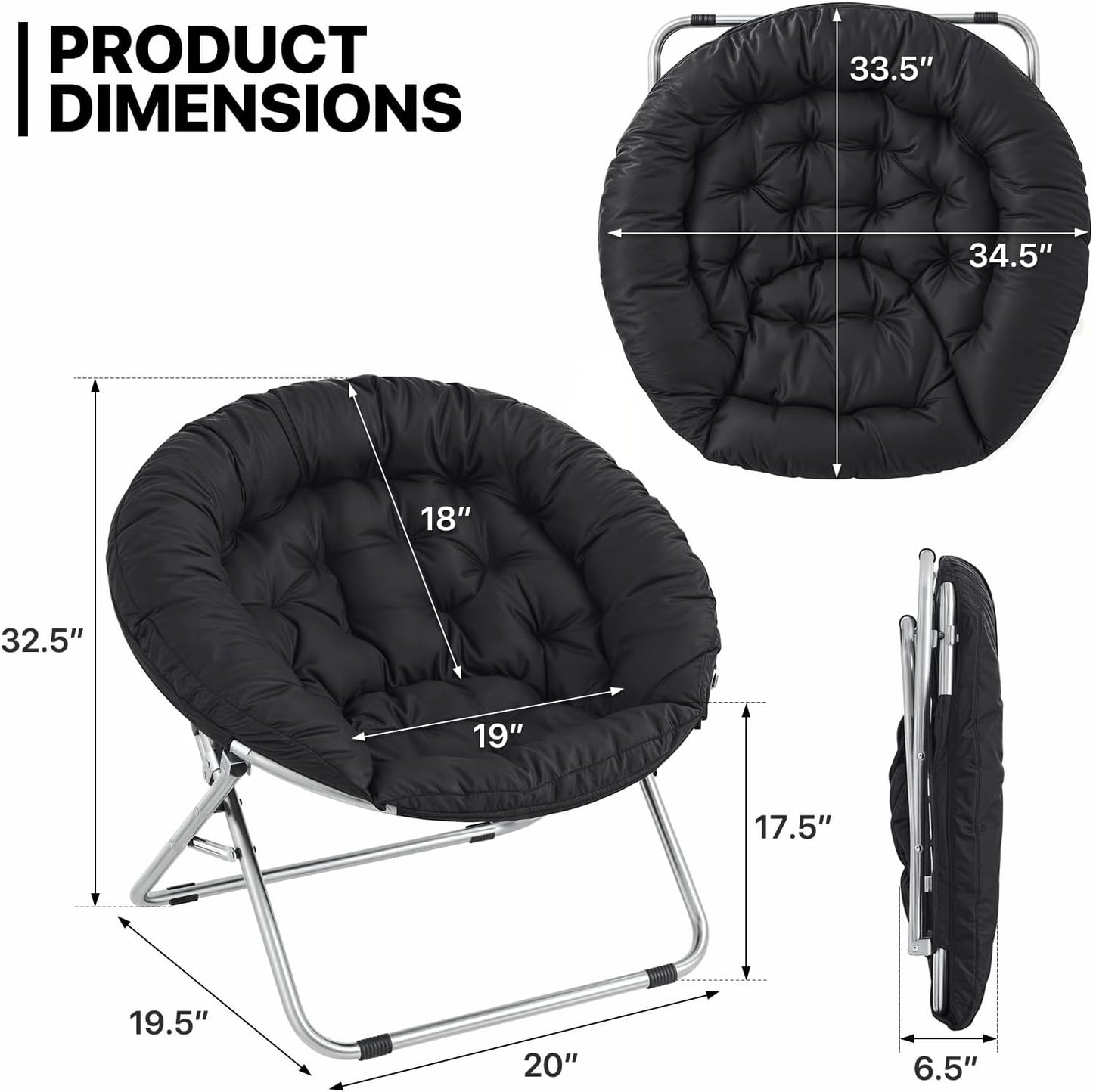 MoNiBloom Round Folding Saucer Chair for Bedroom Living Room Dorm Foldable Metal Frame Comfy Soft Lounge Lazy Cozy Moon Chair for Teens (Black)