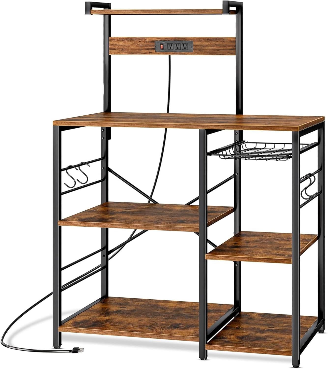 Kitchen Bakers Rack with Power Outlet & Hangers - 35.5x15.7x51.6 Kitchen Storage Rack Useful as Microwave Stand, Coffee Station and as Extra Shelves - Perfect for Organized & Stylish Kitchens