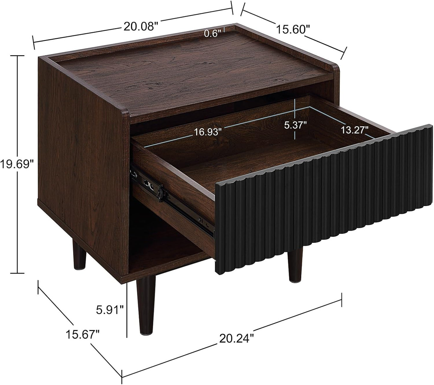 Manhattan Comfort Duane Mid Century Modern Ribbed Nightstand and Coffee Table with Storage, Living Room Furniture with Cabinet, Shelves and Iron Metal Feet, Set of 2, Black