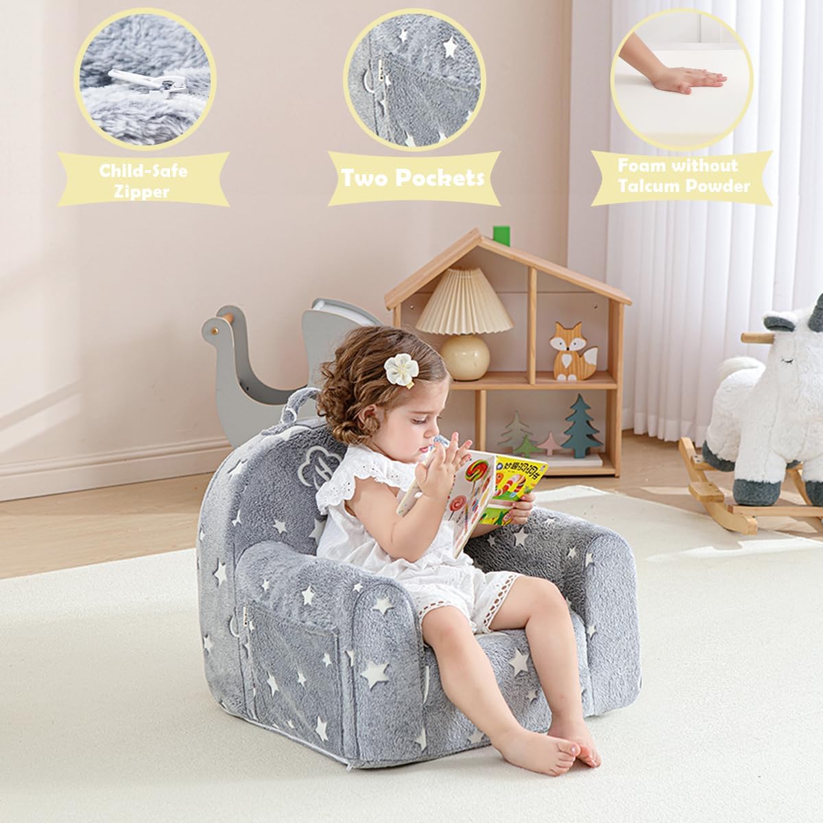 Toddler Chair Comfy,Toddler Couch Fold Out, 2-in-1 Kids Chair,Flip Out Kids Couch,Toddler Sofa Convertible,Children Reading Chair for Age 1-3(Grey Star)