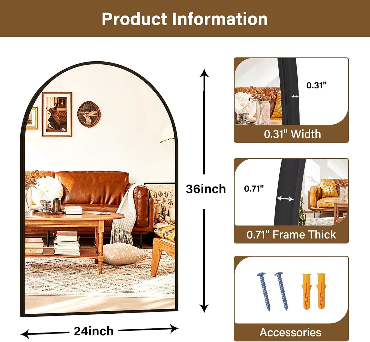 24"x36" Black Arched Bathroom Mirror - Wall Mirror for Bathroom, Metal Frame Vanity Mirror, Dresser Mirror, Arch Decorative Mirrors for Living Room, Bedroom, Entryway, Mantle