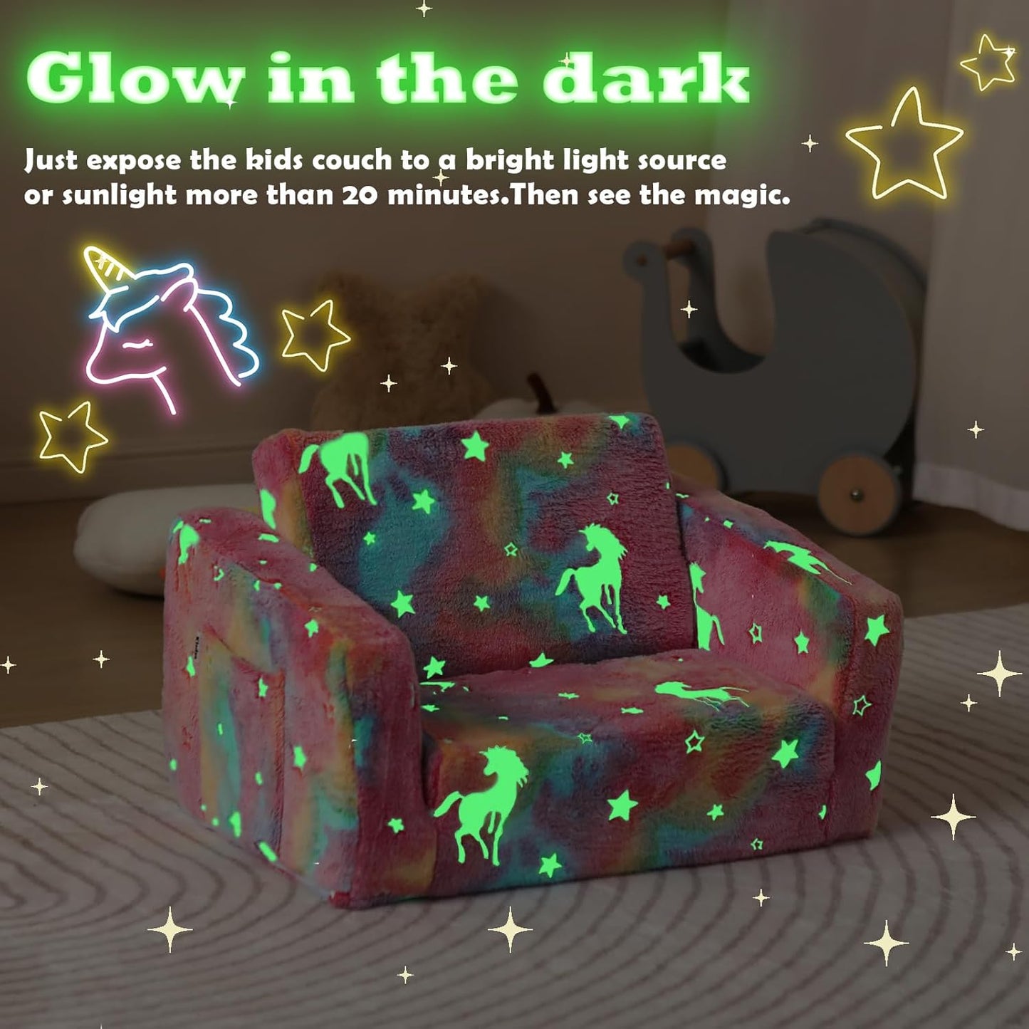 Toddler Couch Fold Out, Foldable Toddler Chair with Blanket, Kids Couch for Girls & Boys, Flip Out Kids Sofa, Convertible Sofa to Lounger for Children Age 1-3 (Glow Pink)