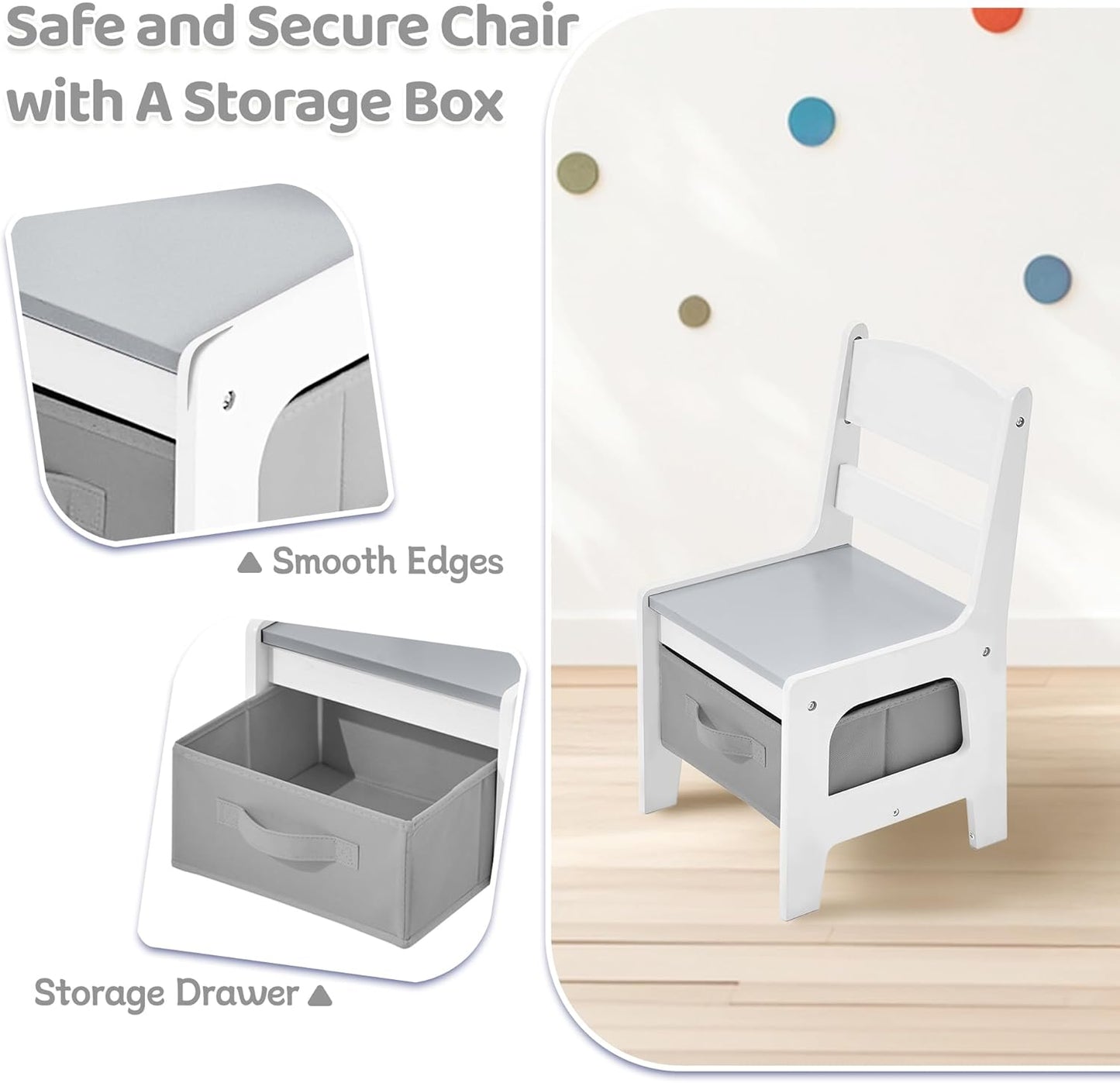 Kids Table and Chairs Set, 4 in 1 Wooden Kids Table with Reversible Tabletop, Children Activity Table with Removable Tabletop Storage, Toddler Table and Chair Set for Home, Nursery, Playroom