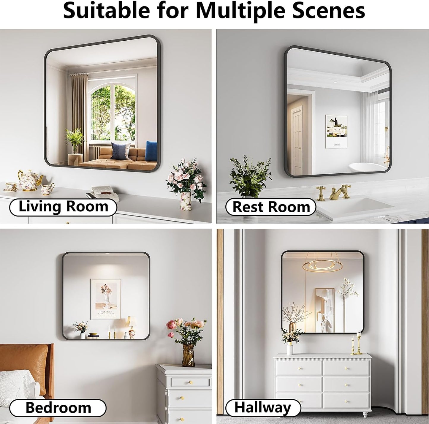 Koonmi Bathroom Mirror, 36X36 Inch Black Metal Framed Mirror for Bathroom, Tempered Glass, Anti-Rust, Rounded Rectangle Mirror for Restroom, Bedroom, Black