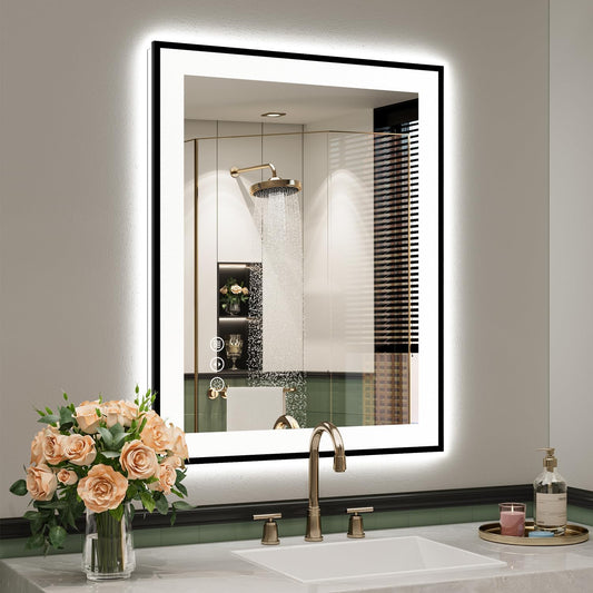 24x30 Inch LED Bathroom Mirror with Lights (Front Lit and Backlit) Black Framed Lighted Vanity Mirror for Bathroom Wall Dimmable Anti-Fog Memory Tempered Glass Horizontal/Vertical