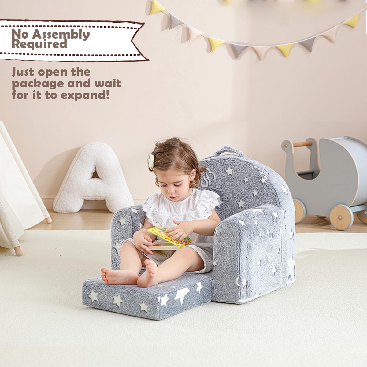 Toddler Chair Comfy,Toddler Couch Fold Out, 2-in-1 Kids Chair,Flip Out Kids Couch,Toddler Sofa Convertible,Children Reading Chair for Age 1-3(Grey Star)