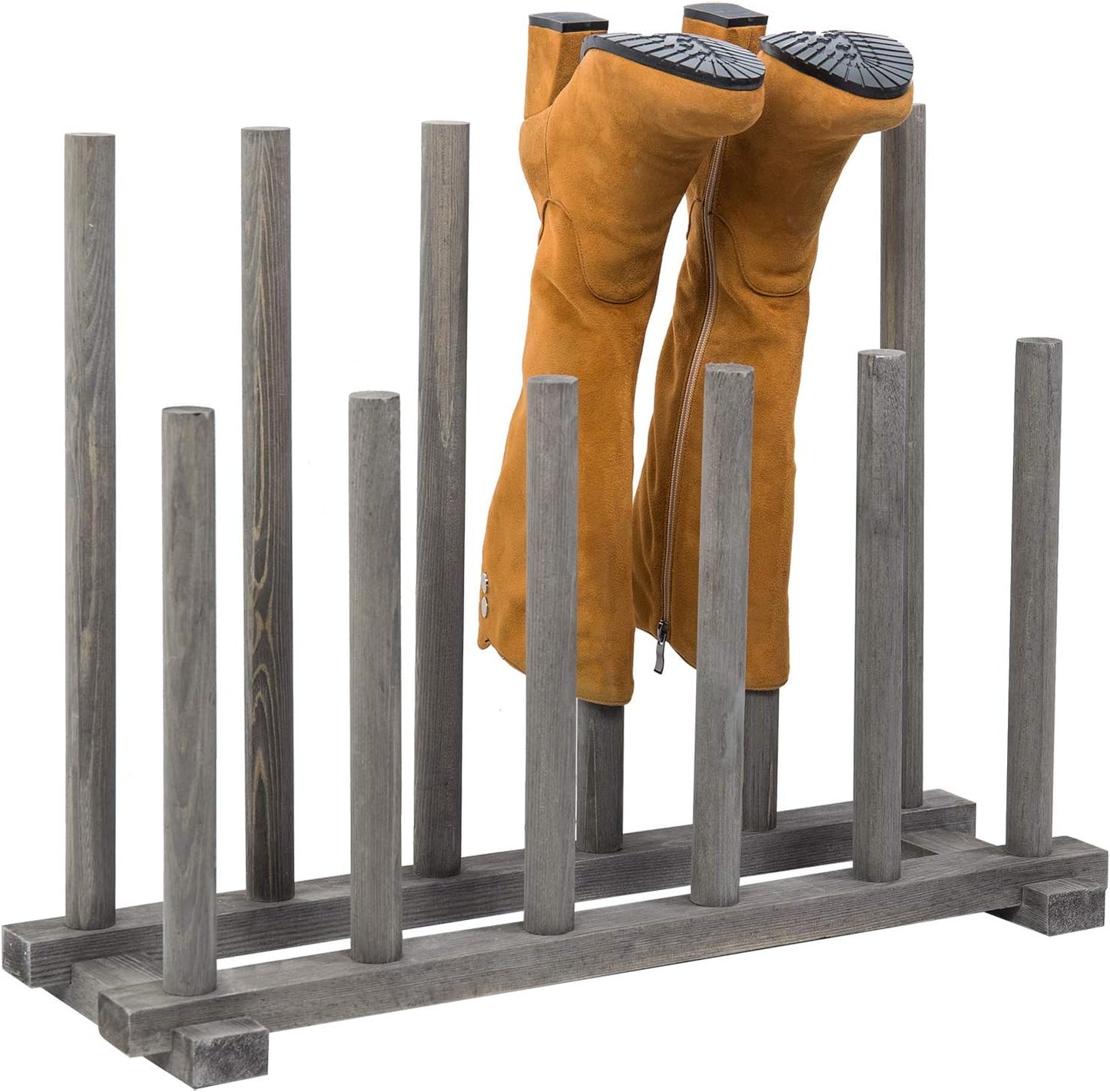 MyGift Vintage Weathered Gray Solid Wood Floor Standing Boot Holder Rack, Wooden Entryway Shoe Storage Organizer Stand Holds 6 Pairs of Tall and Short Boots