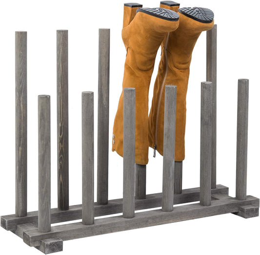 MyGift Vintage Weathered Gray Solid Wood Floor Standing Boot Holder Rack, Wooden Entryway Shoe Storage Organizer Stand Holds 6 Pairs of Tall and Short Boots