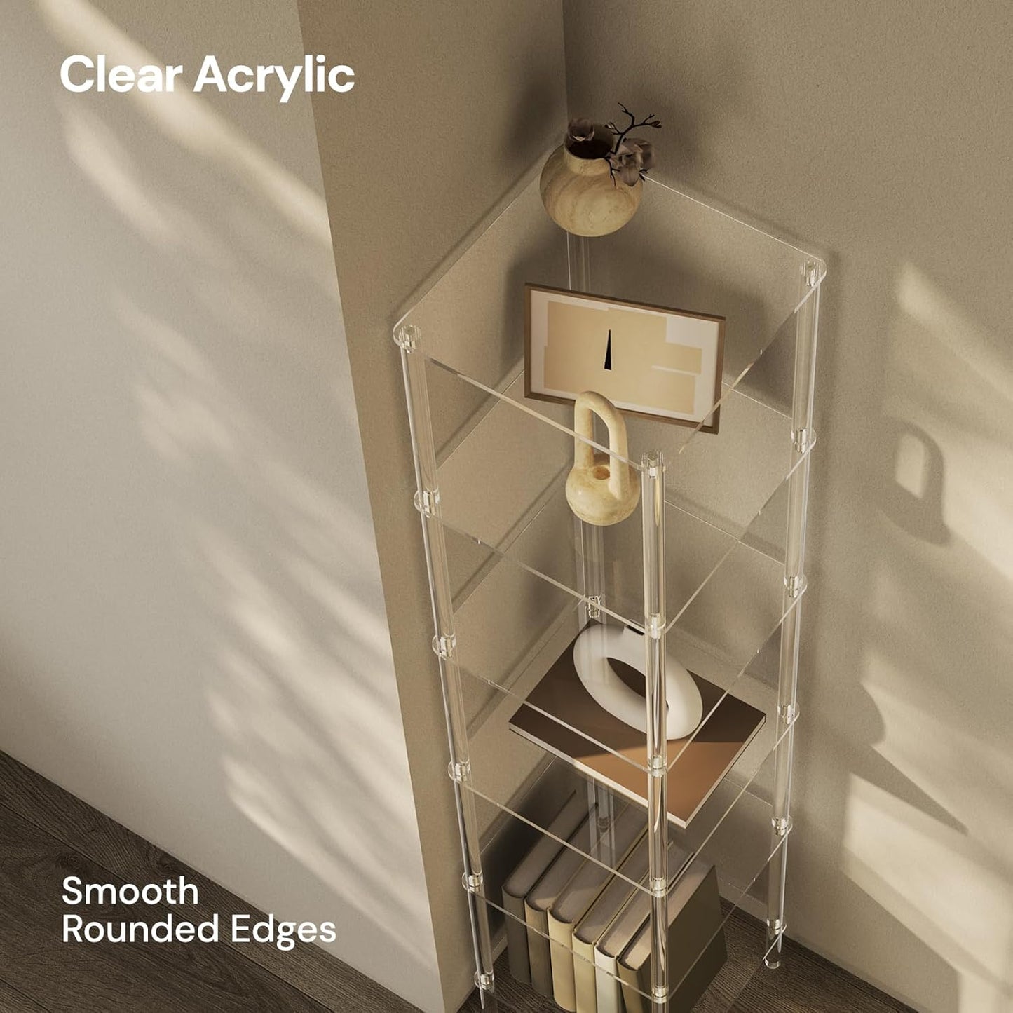 6 Tier Square Acrylic Bookshelf, Small Bookcase with Acrylic Fittings for Fixing to Wall, Corner Display Shelf for Living Room, Bedroom, Bathroom, Small Spaces, Clear, 11.6'' W x 53.9'' H