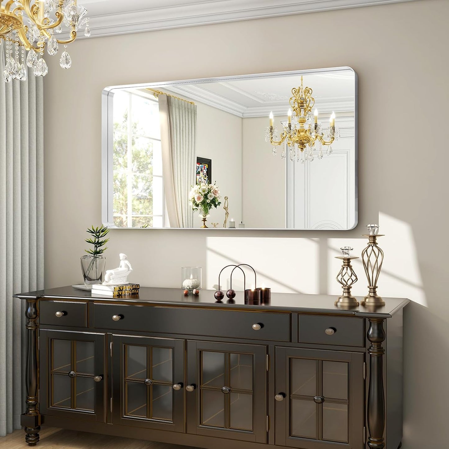 48 x 30 Inch Silver Bathroom Mirror, Rectangular Wall Mounted Shatterproof Mirror, Aluminum Alloy Frame with Rounded Corners, Horizontal or Vertical for Farmhouse Decor