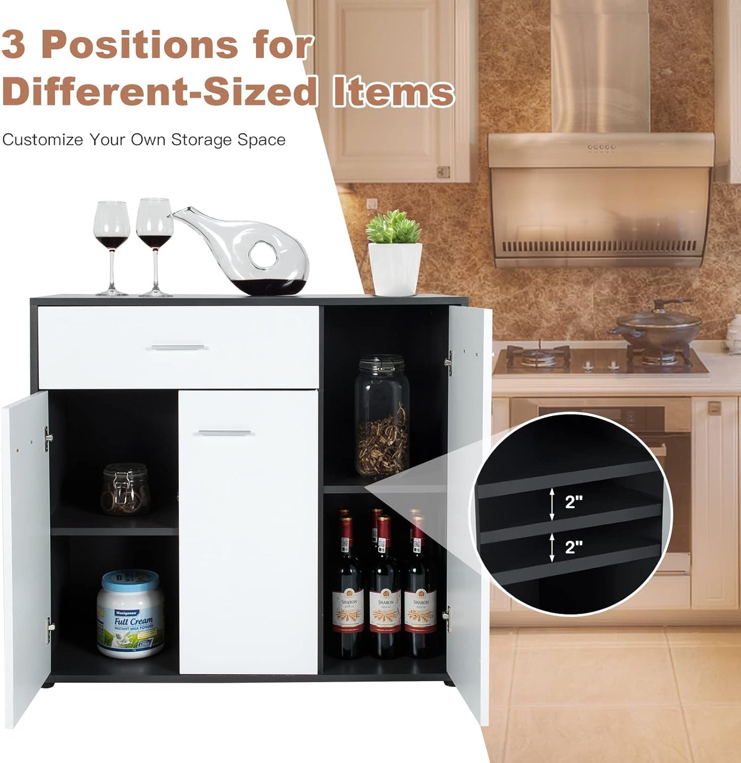 COSTWAY Buffet Sideboard Storage Cabinet, White Kitchen Sideboard with Spacious Table Top, 2 Door Cabinets, Large Drawer, Adjustable Shelf, Anti-Toppling Device, Console Cupboard for Home Living Room