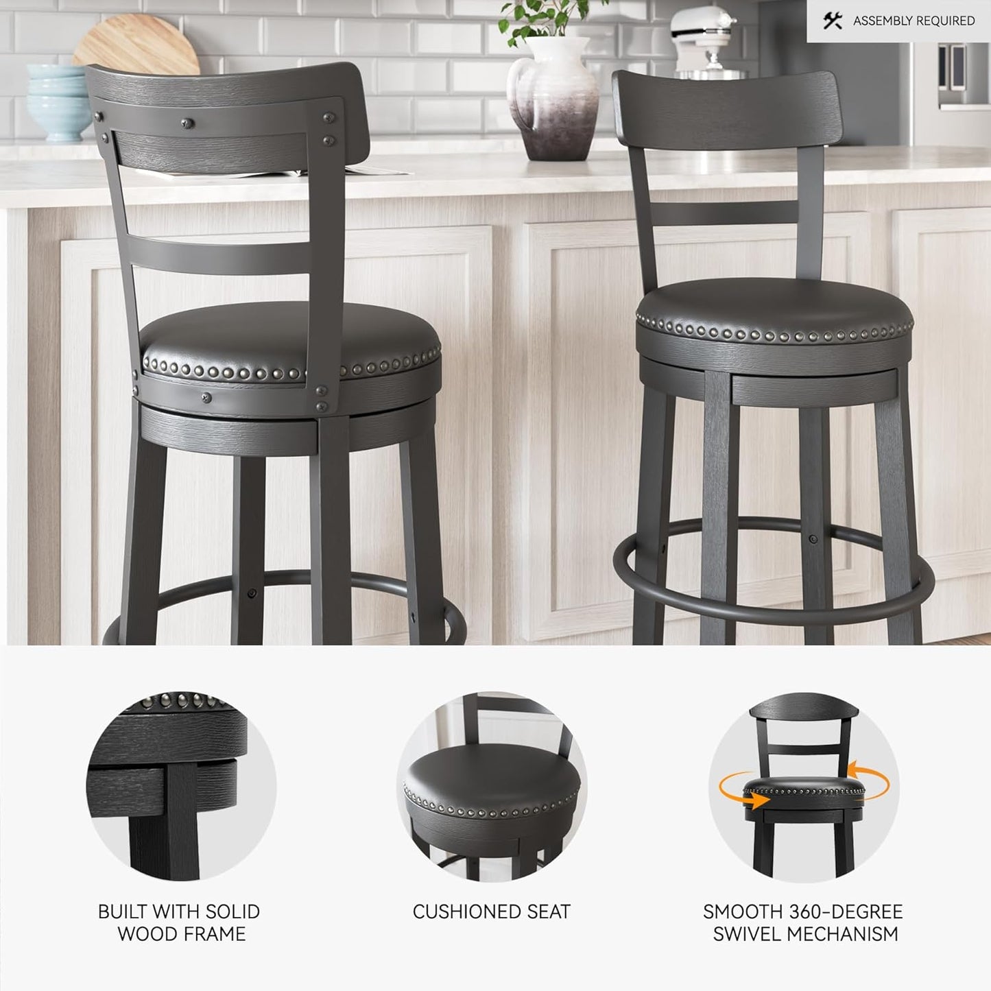 Signature Design by Ashley Valebeck 30.38" Casual Pub Height Upholstered Swivel Barstool, Black