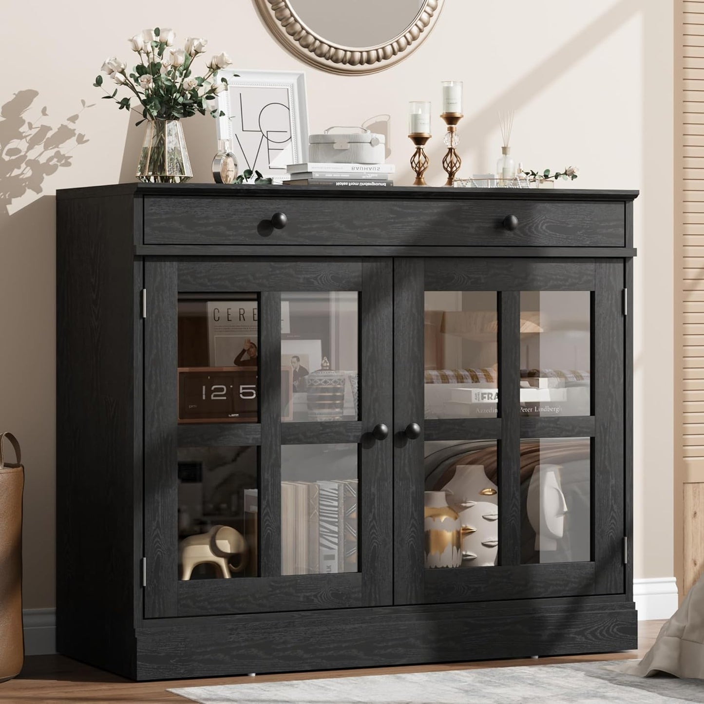 GarveeHome 35.4" Sideboard Buffet Cabinets with Glass Door, Buffet Cabinet with Storage, Black Sideboard Cabinet with Drawer, Modern Buffets & Sideboards for Dining Room, Kitchen