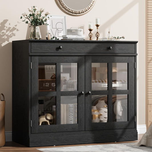 GarveeHome 35.4" Sideboard Buffet Cabinets with Glass Door, Buffet Cabinet with Storage, Black Sideboard Cabinet with Drawer, Modern Buffets & Sideboards for Dining Room, Kitchen