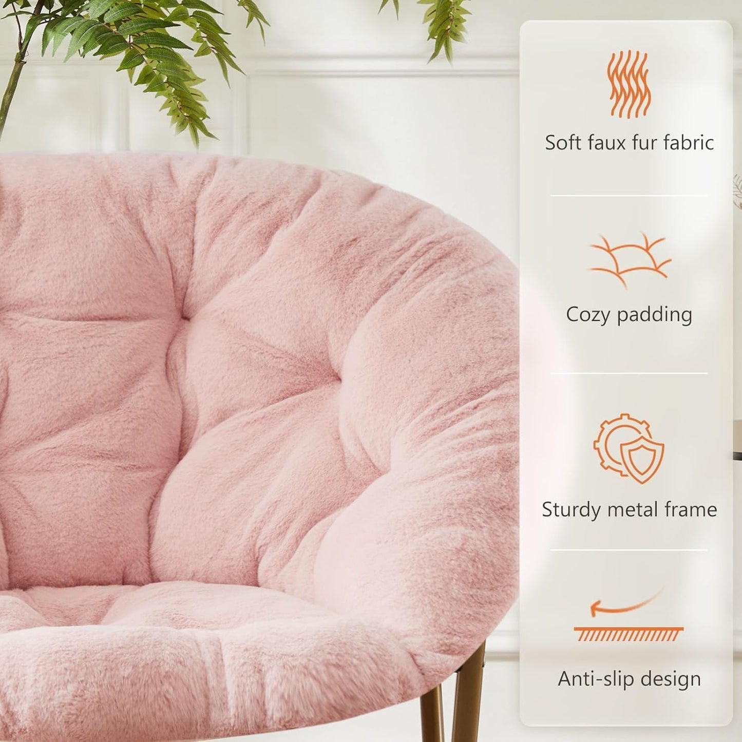 Saucer Chair Faux Fur with Soft and Thick Padded Seat Metal Frame, Modern Style Folding Cozy Chair for Living Room, Bedroom, XL, Pink