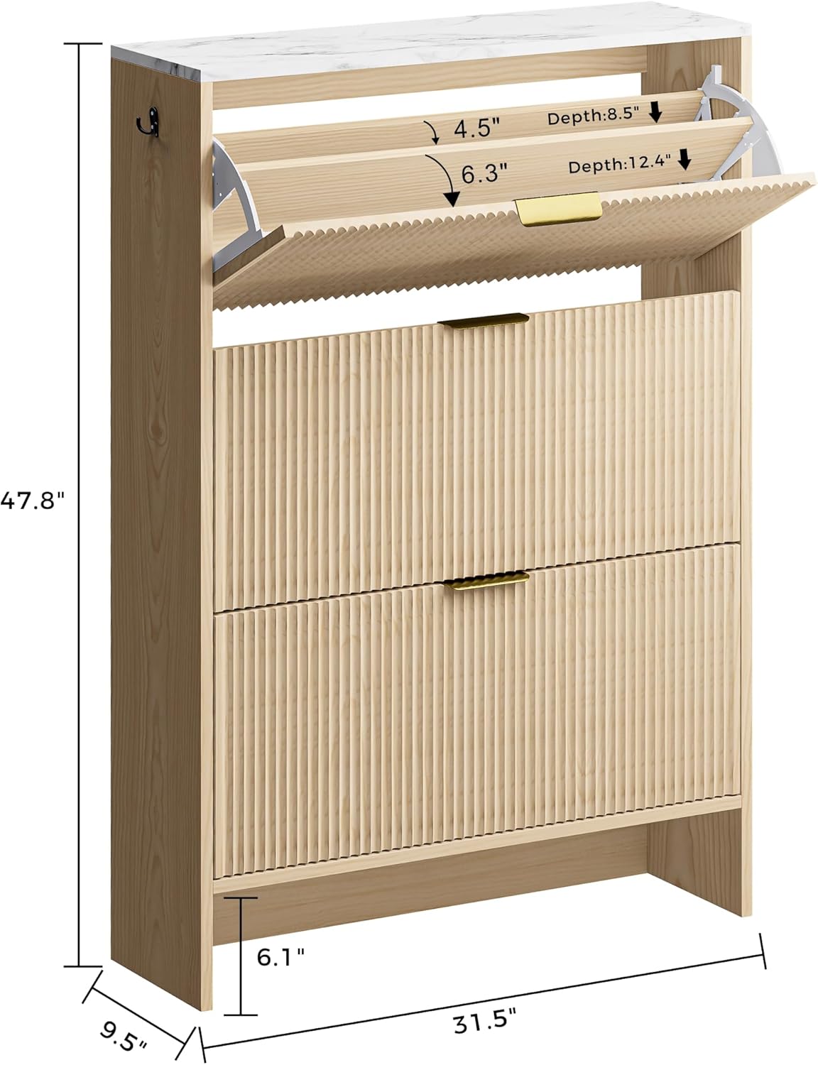 IRONCK Shoe Storage Cabinet with 3 Flip Drawers, Fluted Shoe Cabinet Storage for Entryway, Free Standing Wooden Shoe Organizer Cabinet for Hallway, Natural Oak