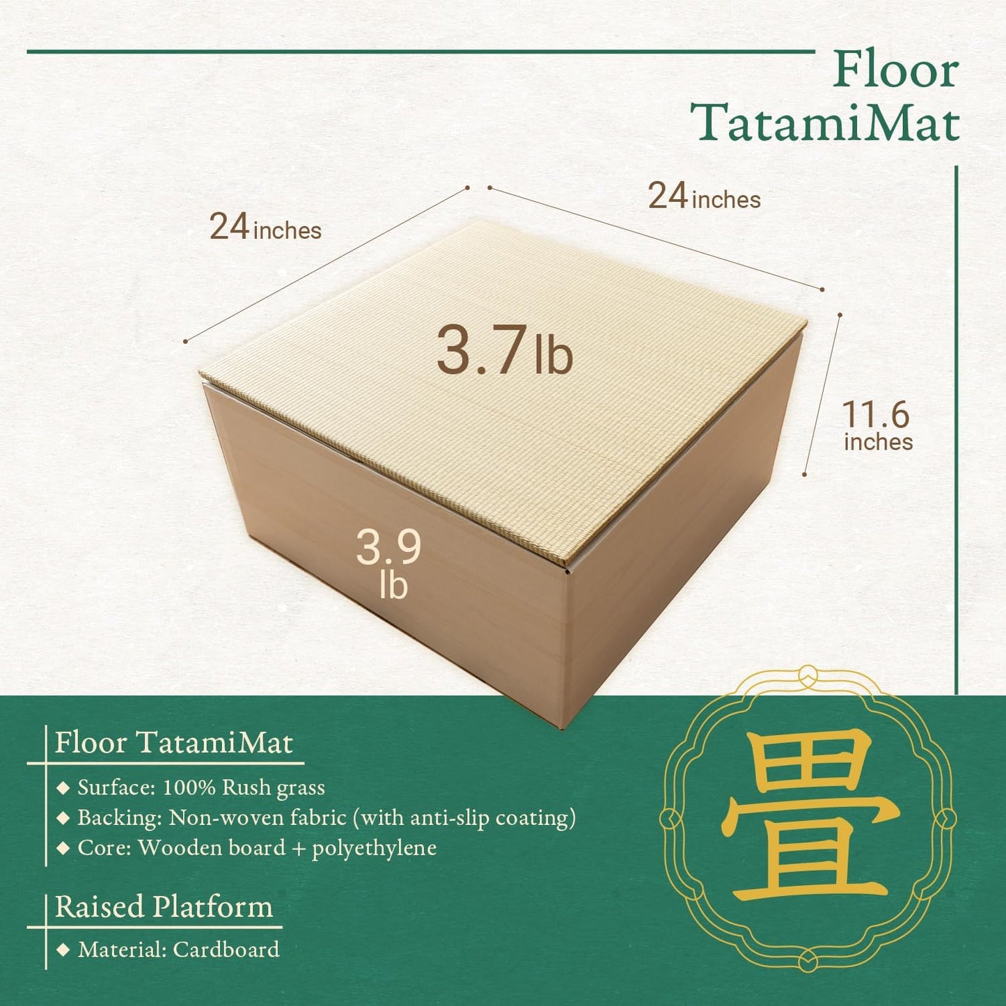 BJDesign Square Tatami Bench and Raised Platform Unit | Japanese Style Igusa Rush Grass Top | Wood Grain White, 24x24x11.6in | Easy Assembly, Durable | 2 Set