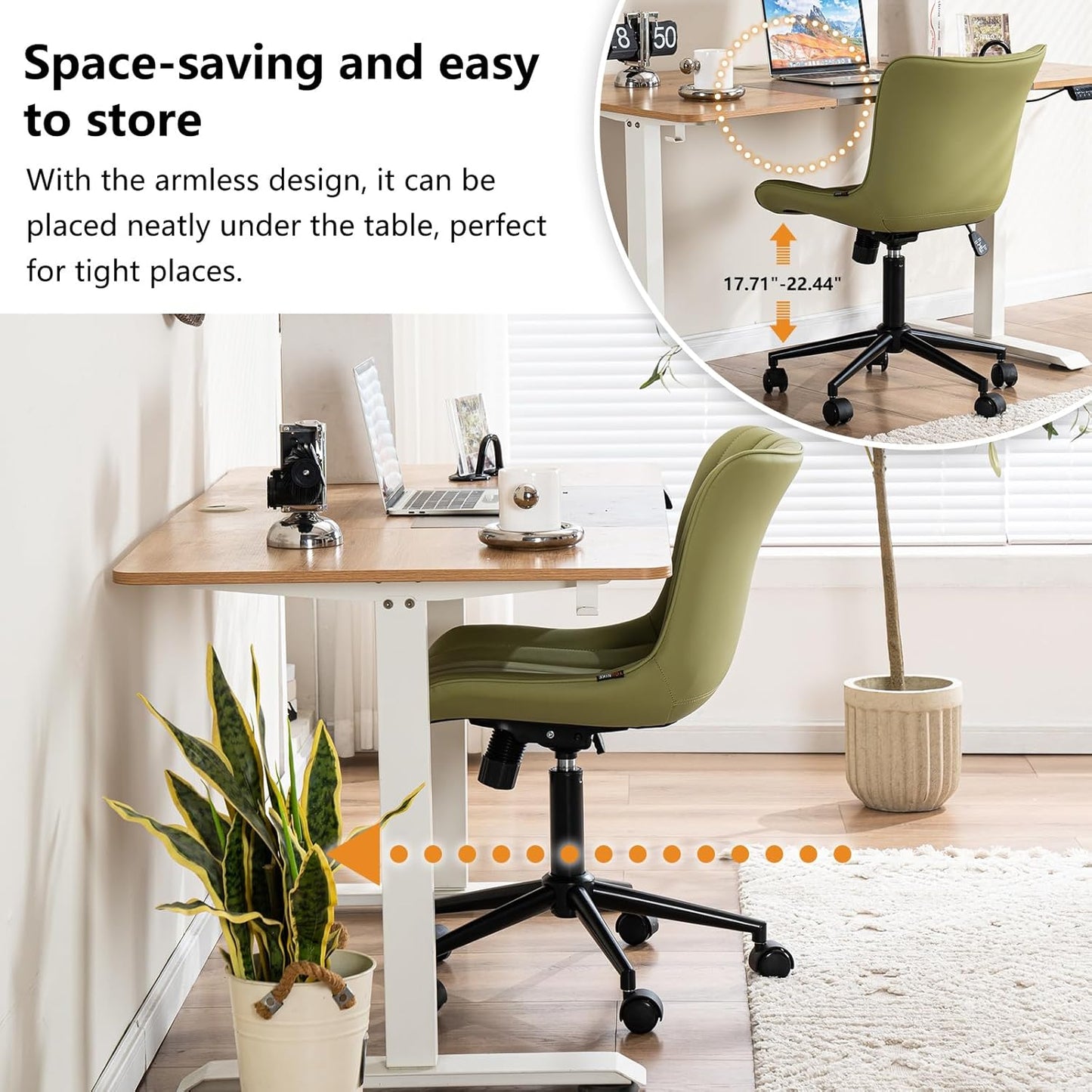 YOUNIKE Ergonomic Home Office Desk Chair with Wheels Comfy Armless Criss Cross Chair with Back Adjustable Modern Leather Upholstered Swivel Vanity Chair Small Cute Rolling Task Chair Avocado Green