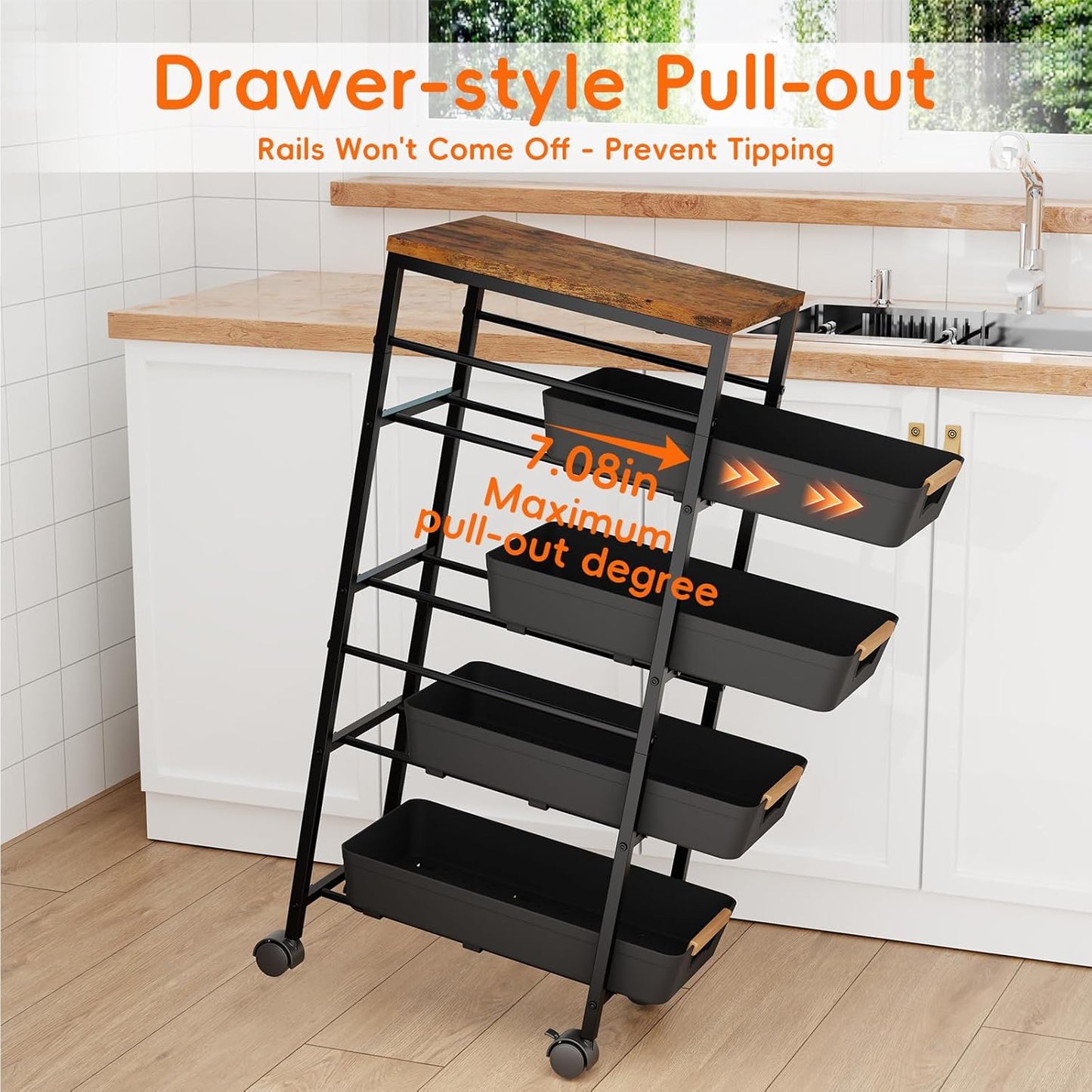 5-Tier Kitchen Storage Cart, Wood Top Rolling Cart Organizer with Pull-Out Baskets & Wheels, Metal Snack Cart with Holder for Fruit, Vegetable, Microwave, Kitchen, Pantry, Black