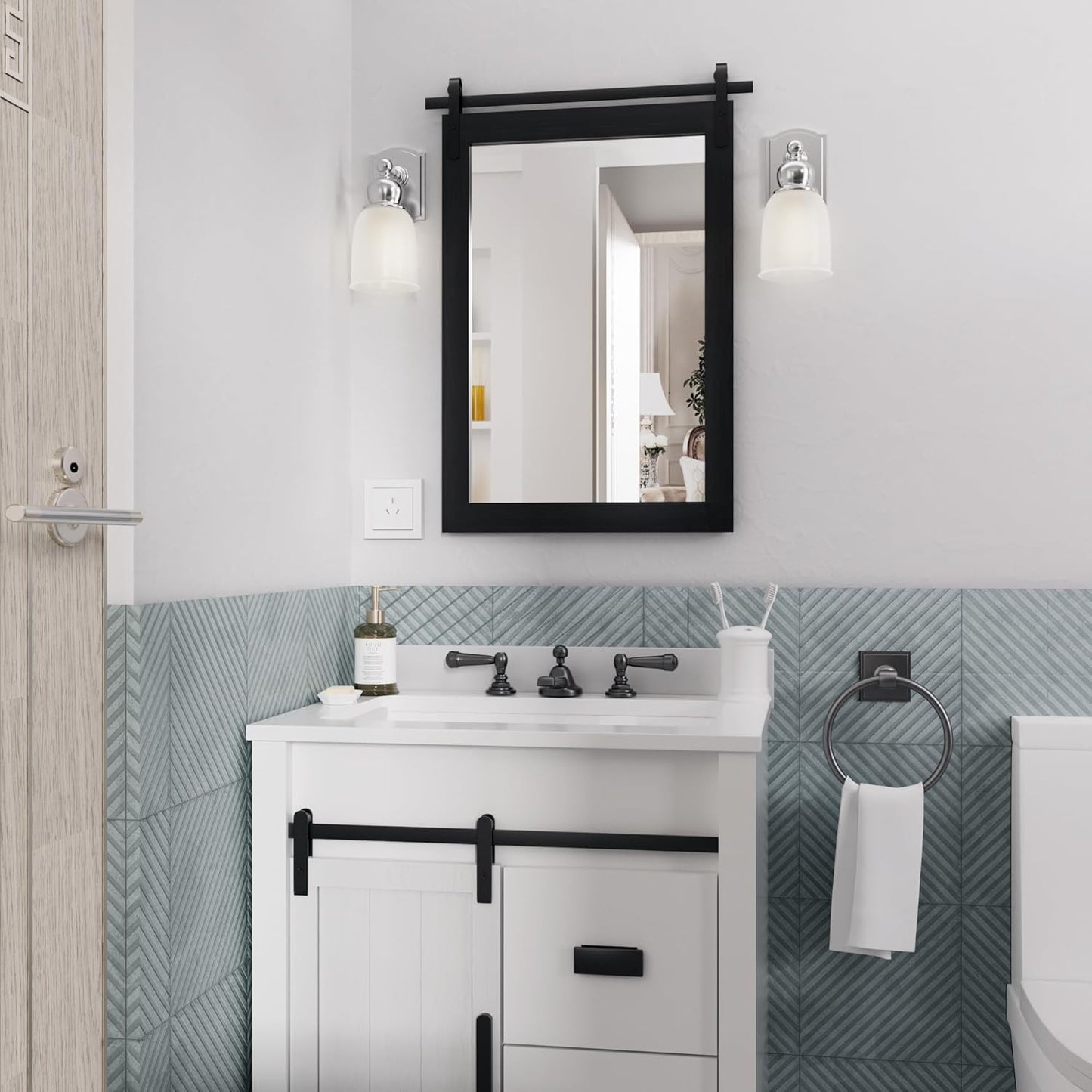 Black Farmhouse Mirror for Wall, 18x26INCH Wood Framed Square Bathroom Mirrors for Vanity, Barn Door Style Mirrors Wall Mounted Dresser Decor Mirror Living Room Bedroom Vertical