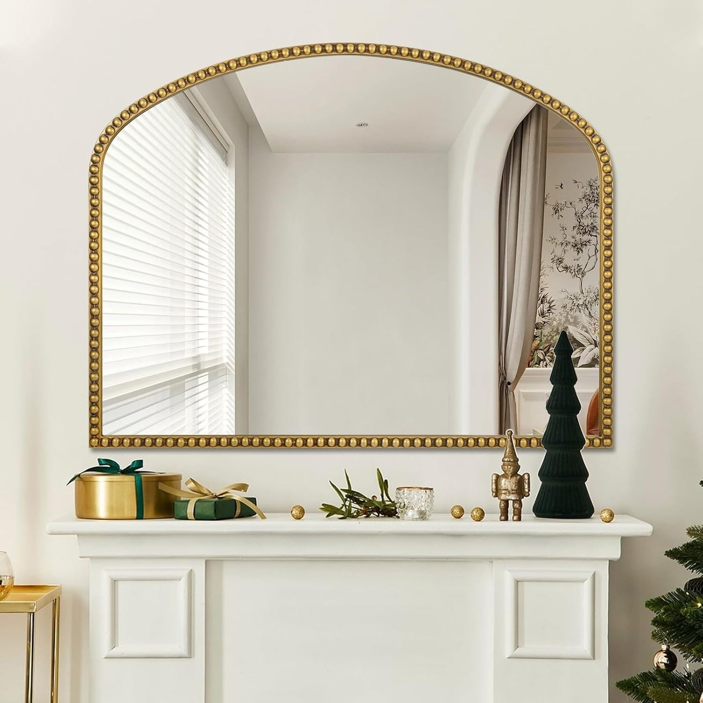 28"x36" Large Arch Wall Mirror, Decorative Beaded Frame Hanging Vanity Mirror for Dresser, Bathroom, Entryway, Bedroom, Mantel, Antique Gold