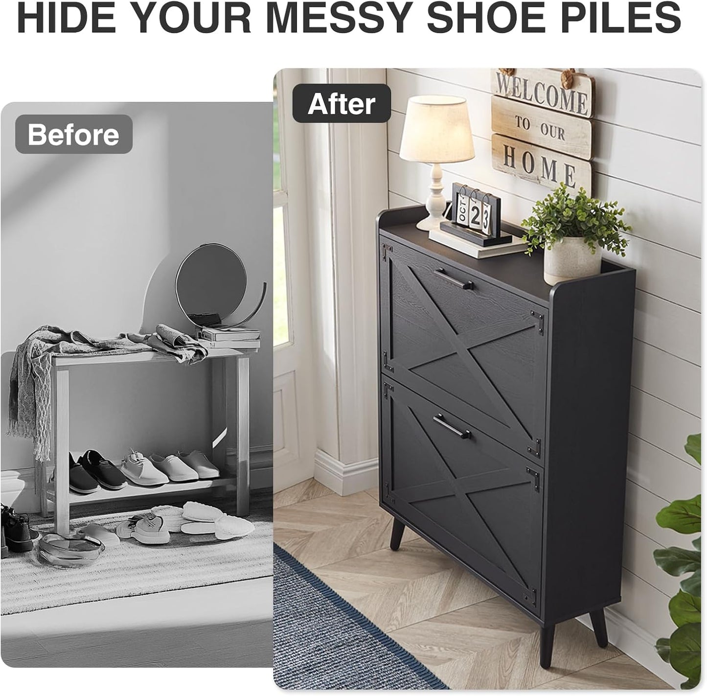 Shoe Storage Cabinet, Farmhouse Shoe Organizer with 2 Flip Drawers & Barn Door Design, Freestanding Hidden Slim Narrow Shoe Rack Cabinet for Entryway, Foyer, Hallway, Black