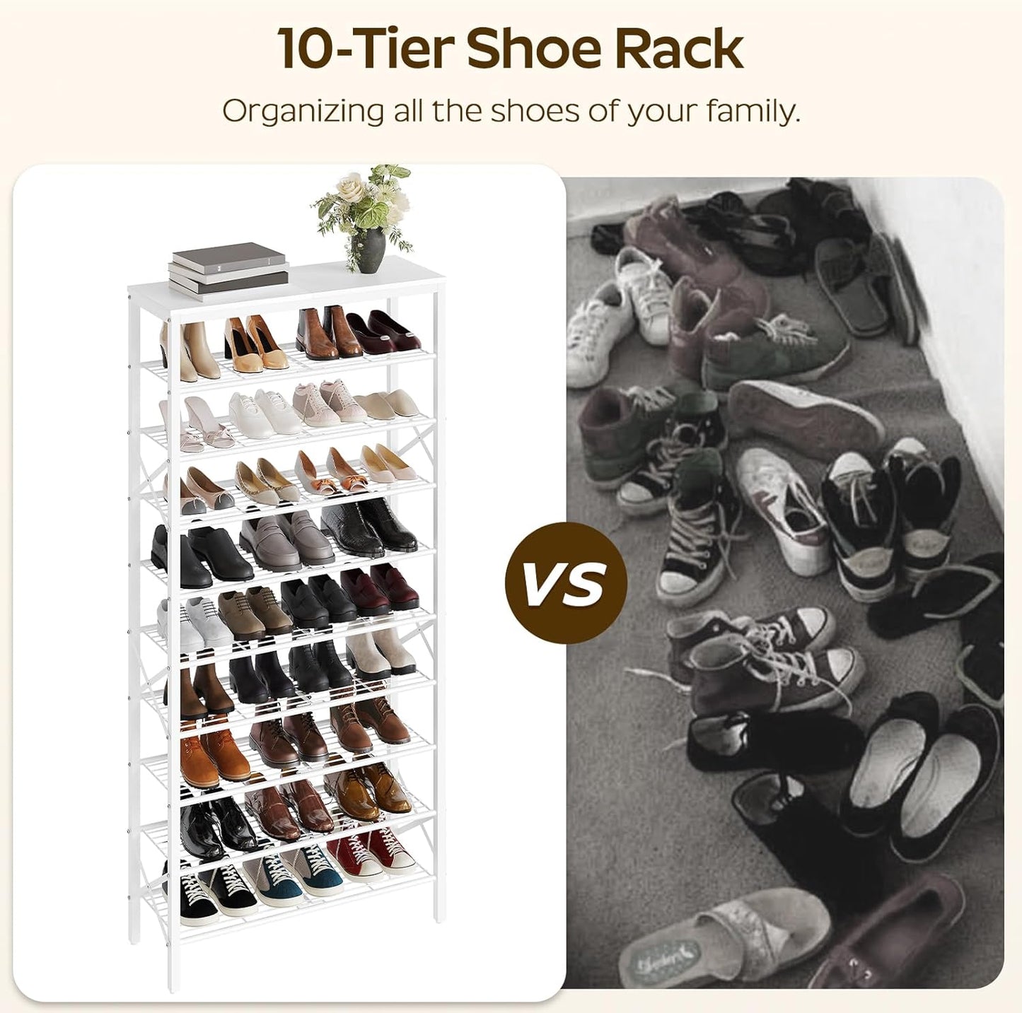 10 Tier Shoe Rack, Large Capacity Shoe Storage Organizer Holds 40 Pairs, Sturdy and Stable, for Entryway, Hallway, Closet, Dorm Room, White SS10WW
