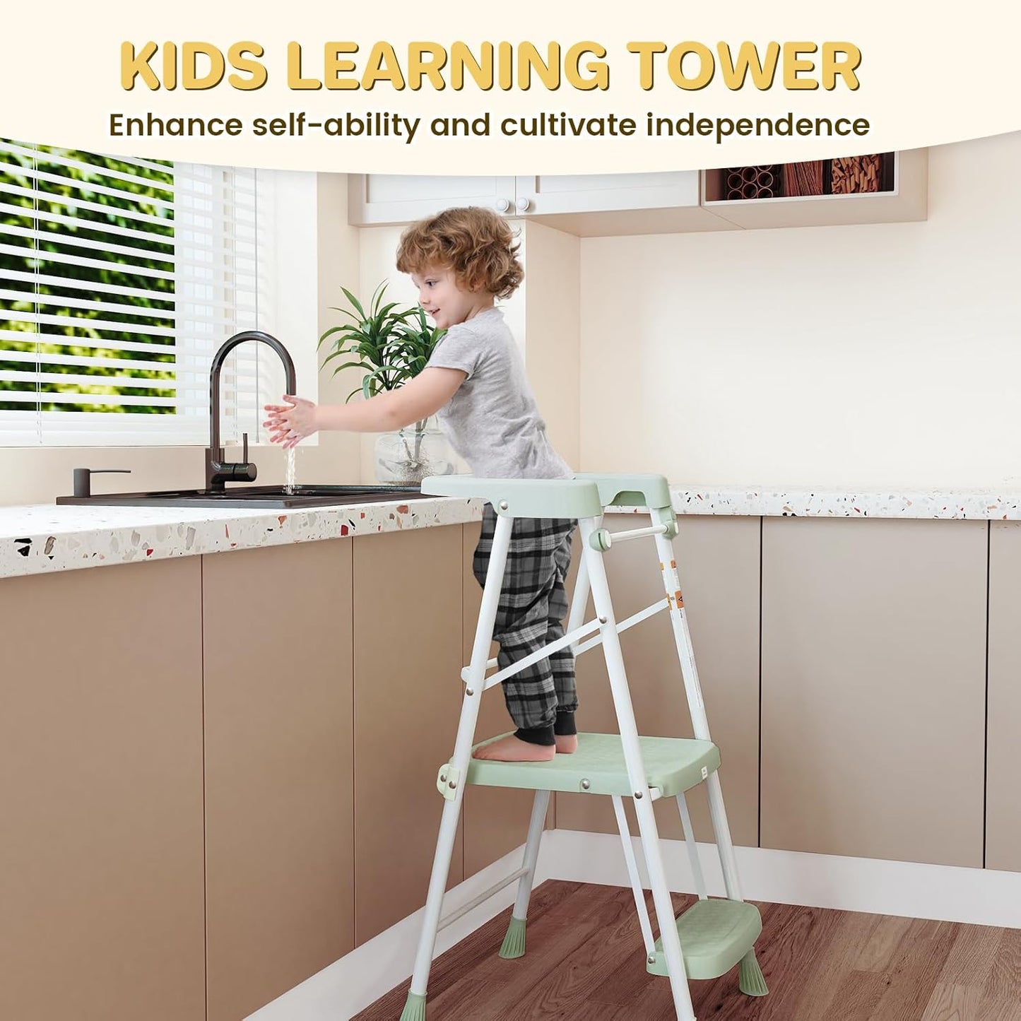 Kids Step Stool 2 Steps, Toddler Tower for Kitchen Counter Learning, Toddler Kitchen Stool Helper with Anti-Drop Safty Railing Kids Standing Folding Stepper, Green