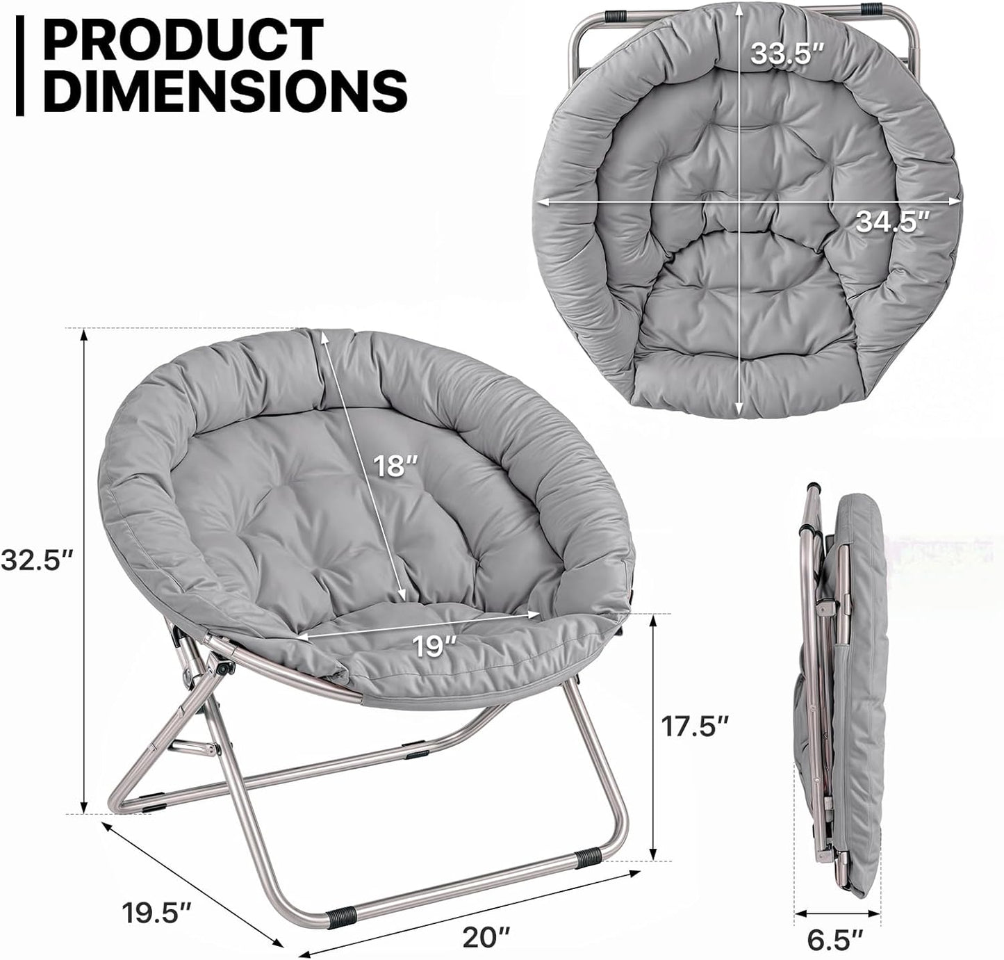 MoNiBloom Round Folding Saucer Chairs Set of 2 for Bedroom Living Room Dorm Foldable Metal Frame Comfy Soft Lounge Lazy Cozy Moon Chairs for Teens (Grey)