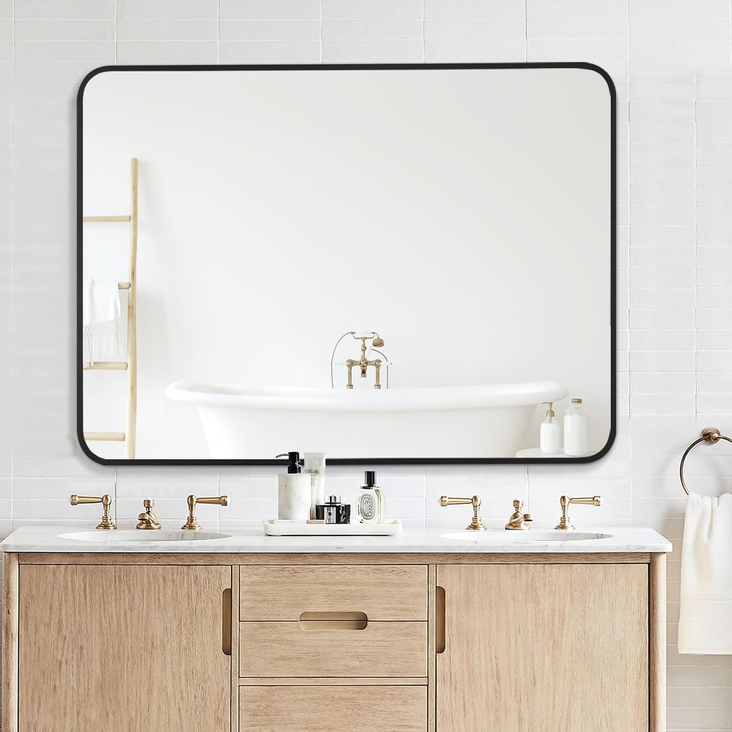 30x40 Inch Rectangle Bathroom Mirror with Black Metal Frame, Rounded Corner Rectangular Vanity Mirror for Wall, Modern Large for Bedroom, Living Room, Horizontal or Vertical
