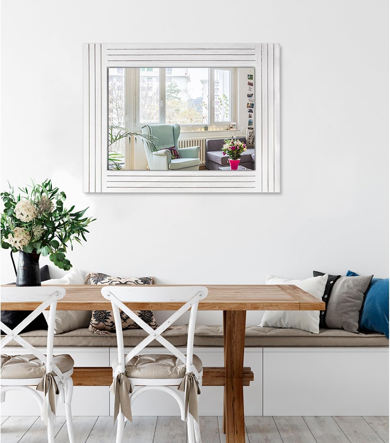 Large Rustic Wall Mirror, Rectangular Vintage Wood Framed Large Mirror Deco Farmhouse Living Room Bathroom Bedroom Entrance Mirror White 26" x 18"