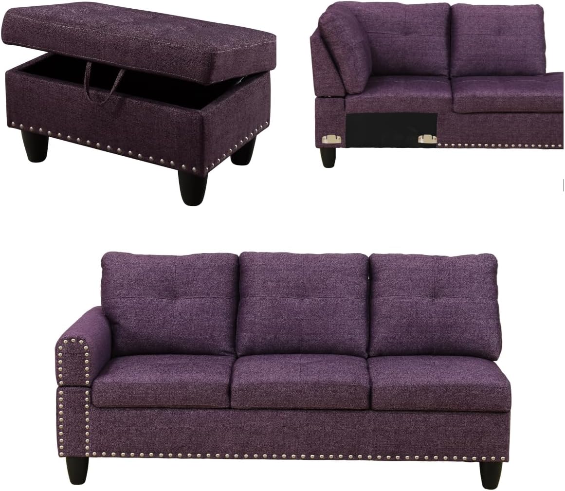L Shaped Sectional Sofa with Ottoman, Nail-Head Design Linen Right Facing Modern Couches with Cup Holder for Living Room, Bedroom, Office, Purple