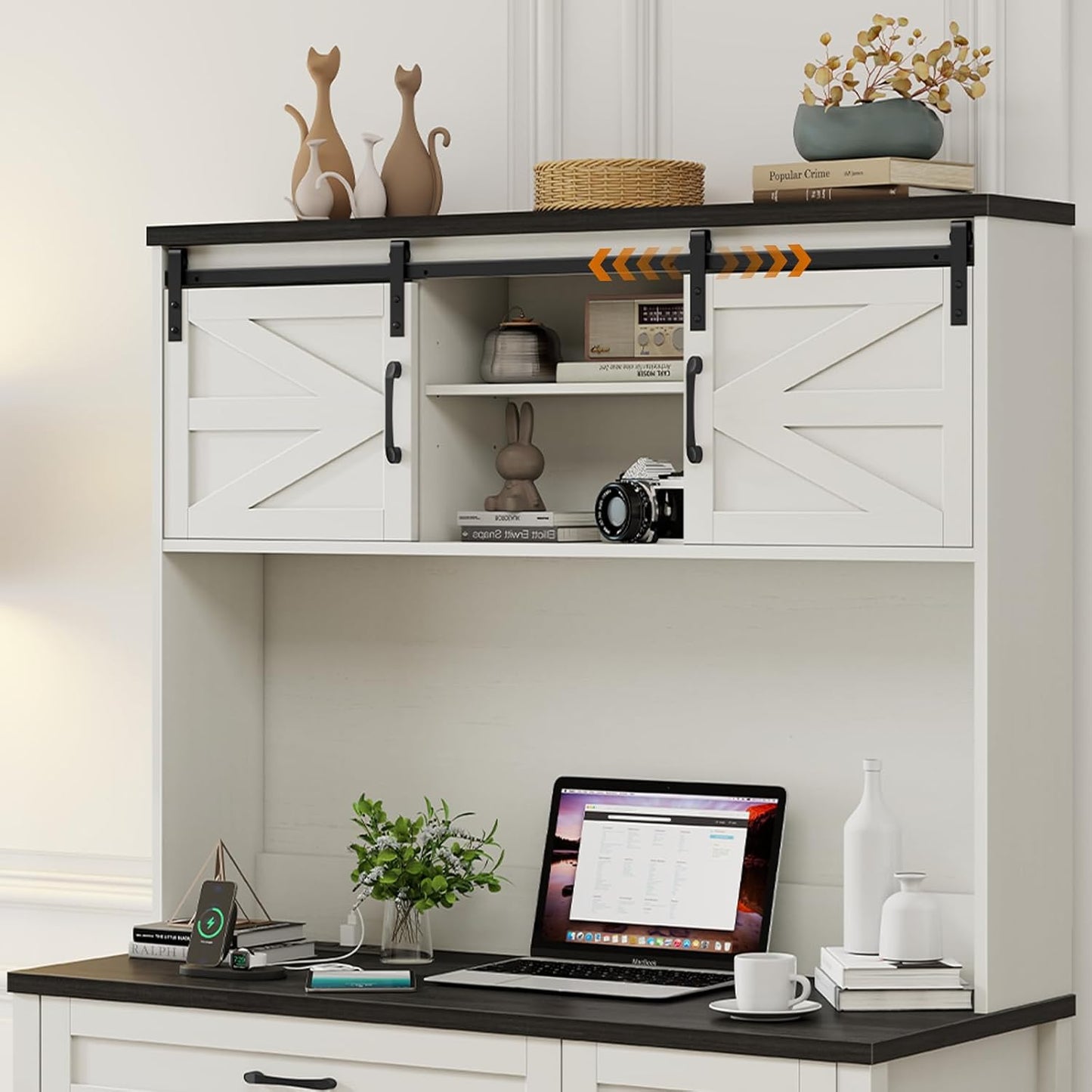 Farmhouse 47" Executive Desk, Computer Desk with Drawers and Storage Cabinet, Home Office Desks with Hutch and Charging Station, Workspace for Work & Study (Black).