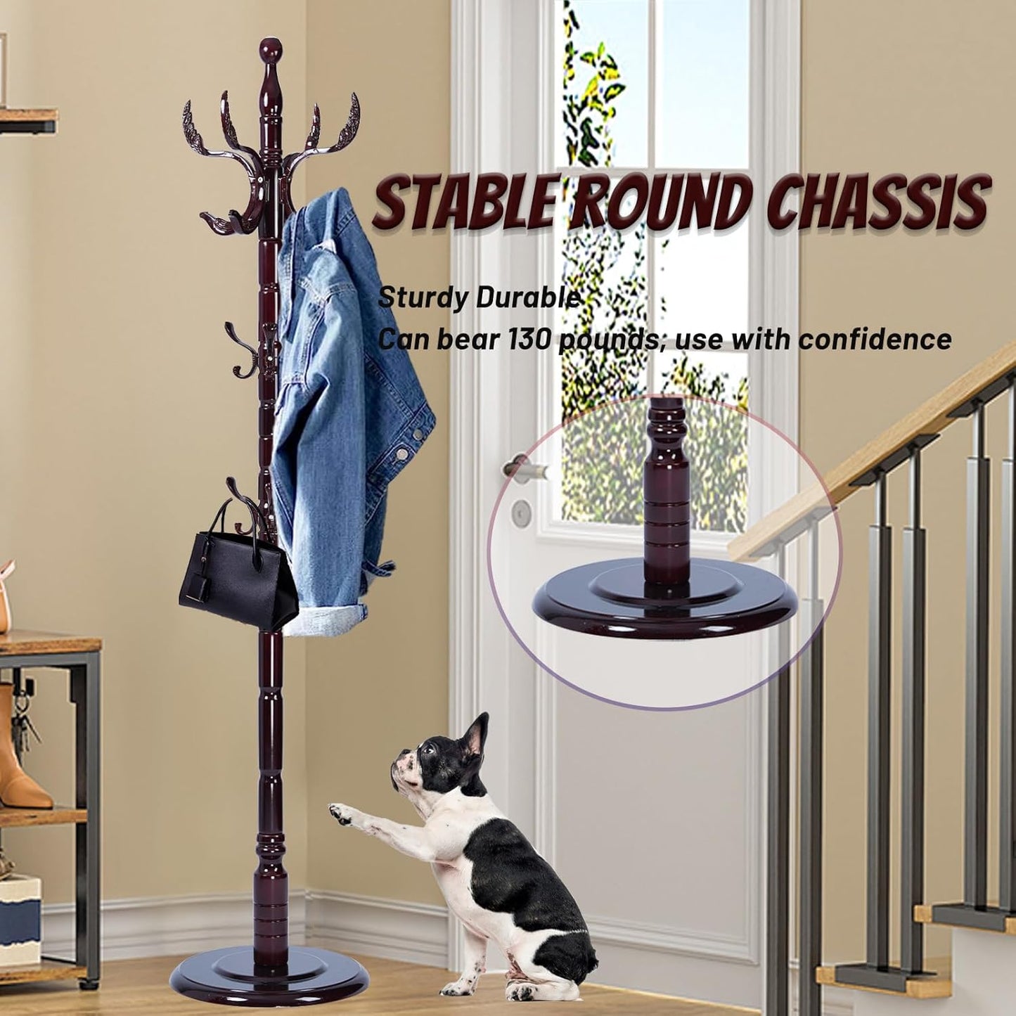 72 in Wood Coat Rack, Coat Rack Freestanding with Stable Round Base, Adjustable Height Tree Coat Racks Stand for Home Bedroom Office Hallway Entryway (Solid Wood Fenghuang Gou)