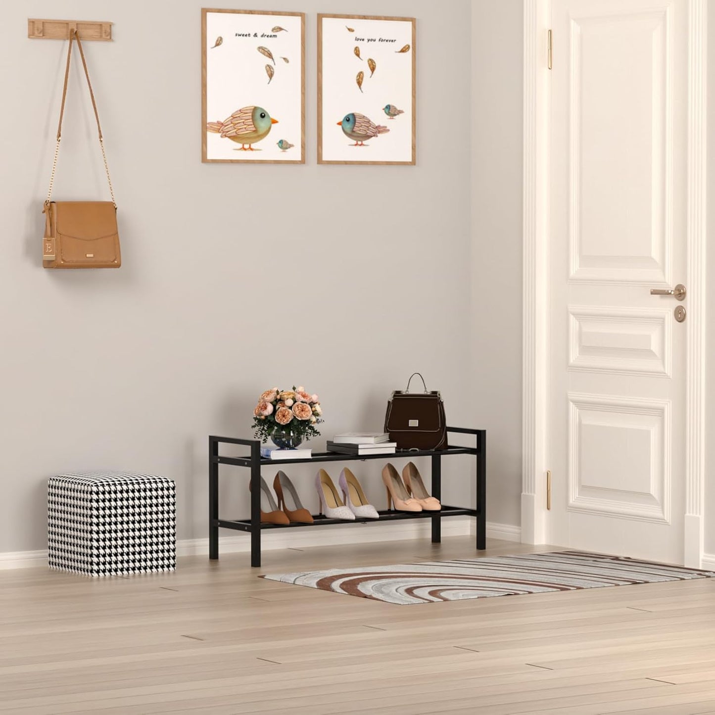 Haddockway Bamboo Shoe Rack for Closet, Free Standing Shoe Organizer with Smooth Round Rods & Convenient Handles, Stackable Shoe Storage Shelf for Entryway, Hallway(Black, 2-Tier)